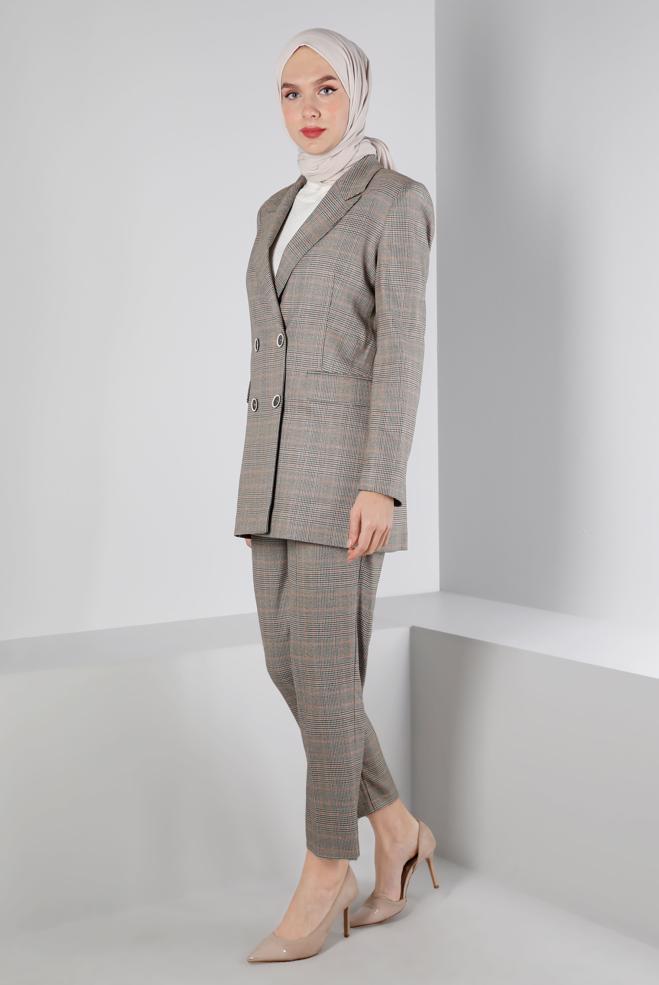 Tesettür giyim TURUNCU EKOSE DESEN KLASİK İKİLİ PANT. TAKIM 30306 - ALVİNA