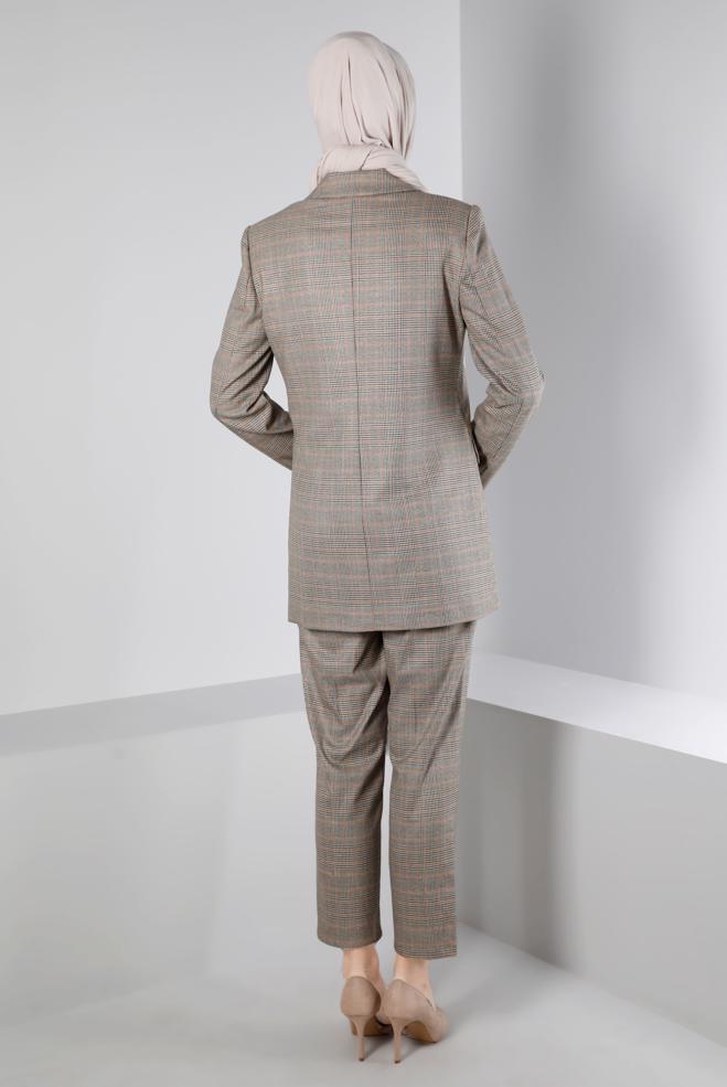 Tesettür giyim TURUNCU EKOSE DESEN KLASİK İKİLİ PANT. TAKIM 30306 - ALVİNA