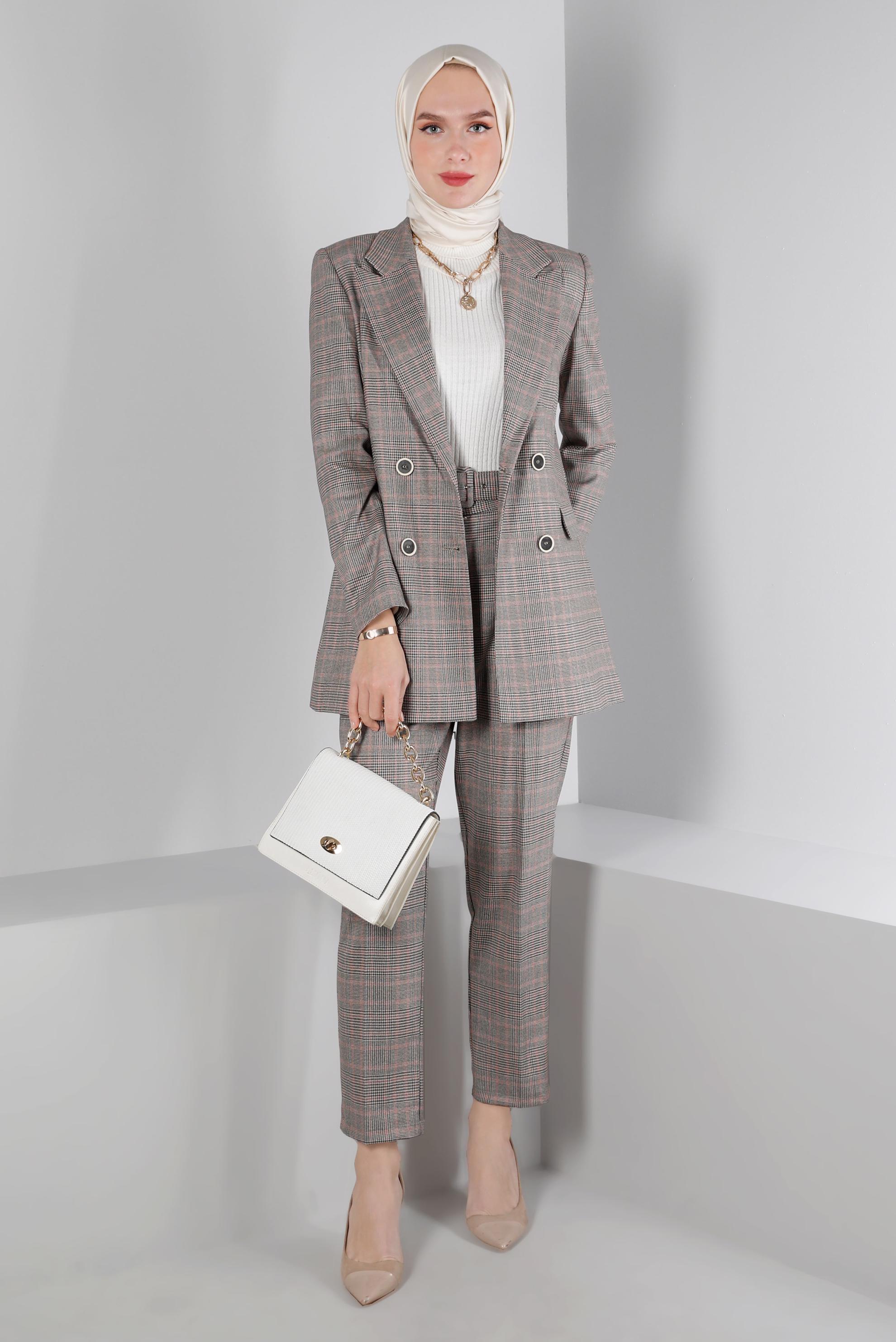 Tesettür giyim PEMBE EKOSE DESEN KLASİK İKİLİ PANT. TAKIM 30306