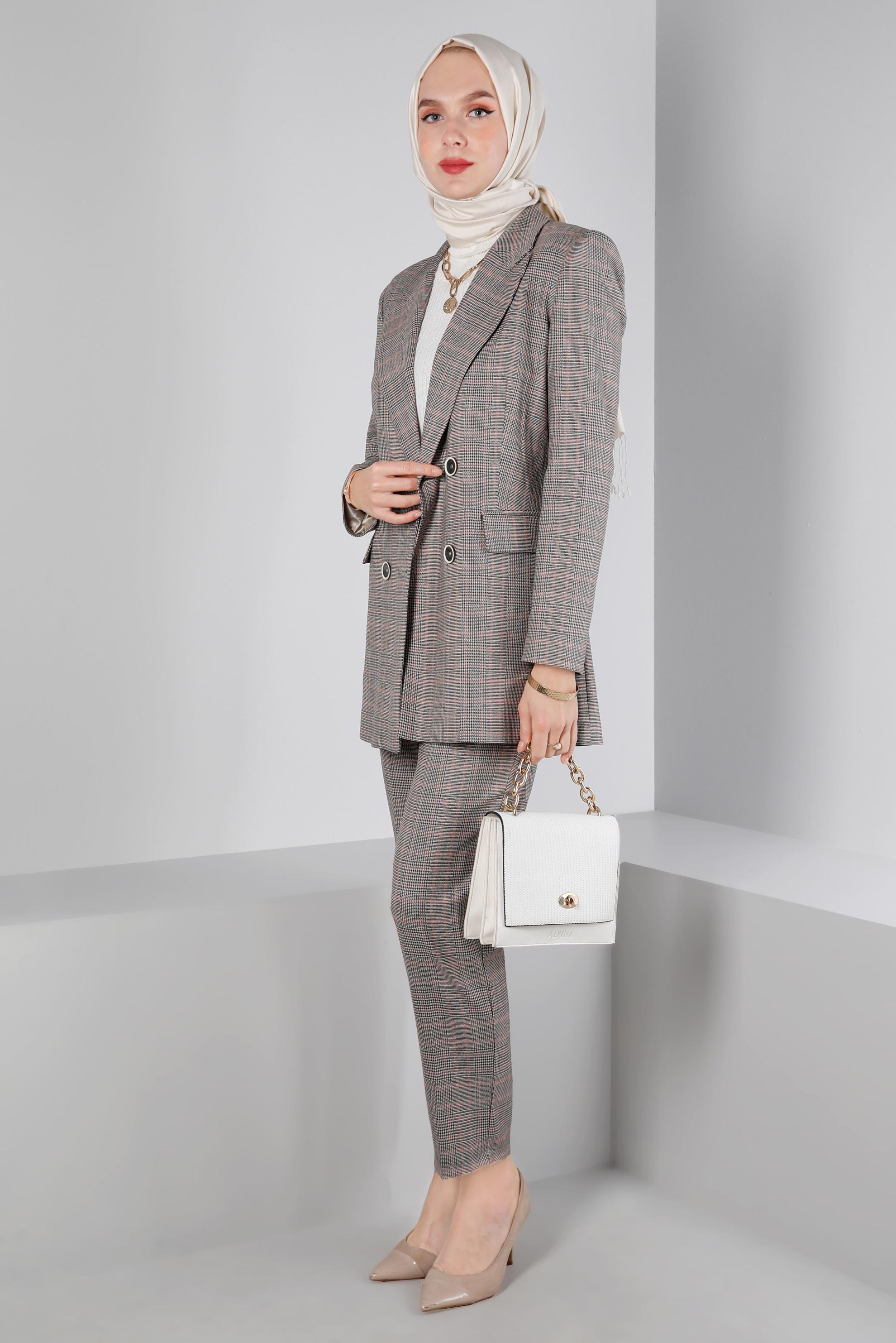 Tesettür giyim PEMBE EKOSE DESEN KLASİK İKİLİ PANT. TAKIM 30306