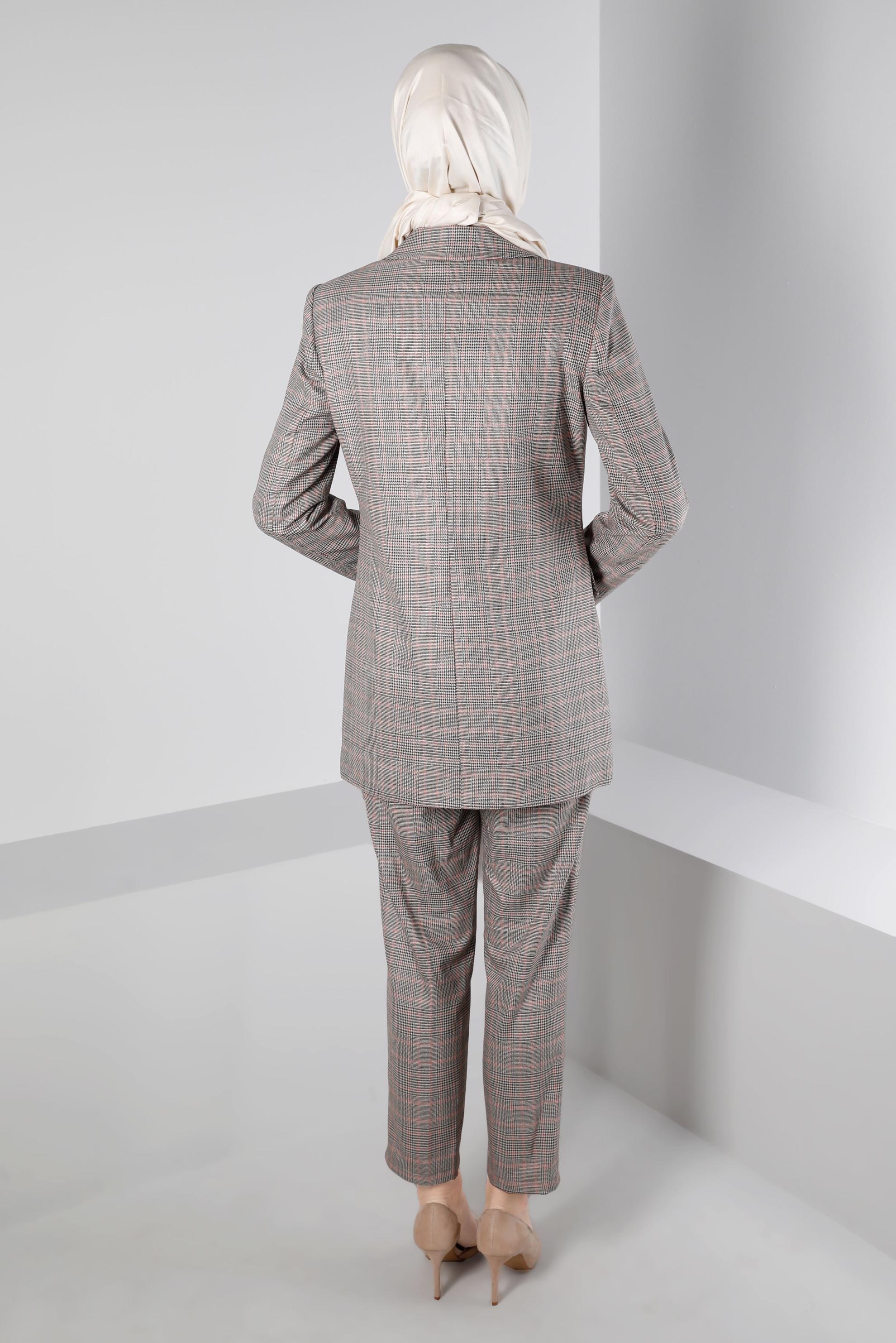 Tesettür giyim PEMBE EKOSE DESEN KLASİK İKİLİ PANT. TAKIM 30306