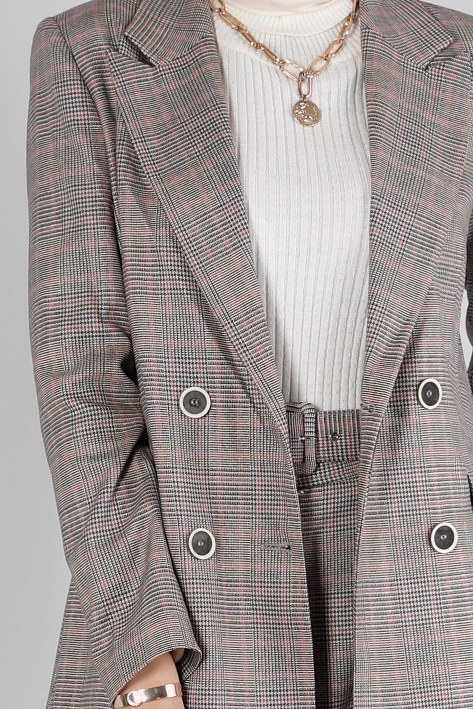 Tesettür giyim PEMBE EKOSE DESEN KLASİK İKİLİ PANT. TAKIM 30306