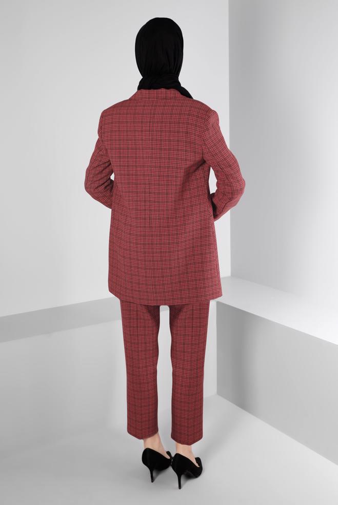 Tesettür giyim KIRMIZI EKOSE DESENLİ DÜĞMELİ İKİLİ PANT. TAKIM 30307 - ALVİNA