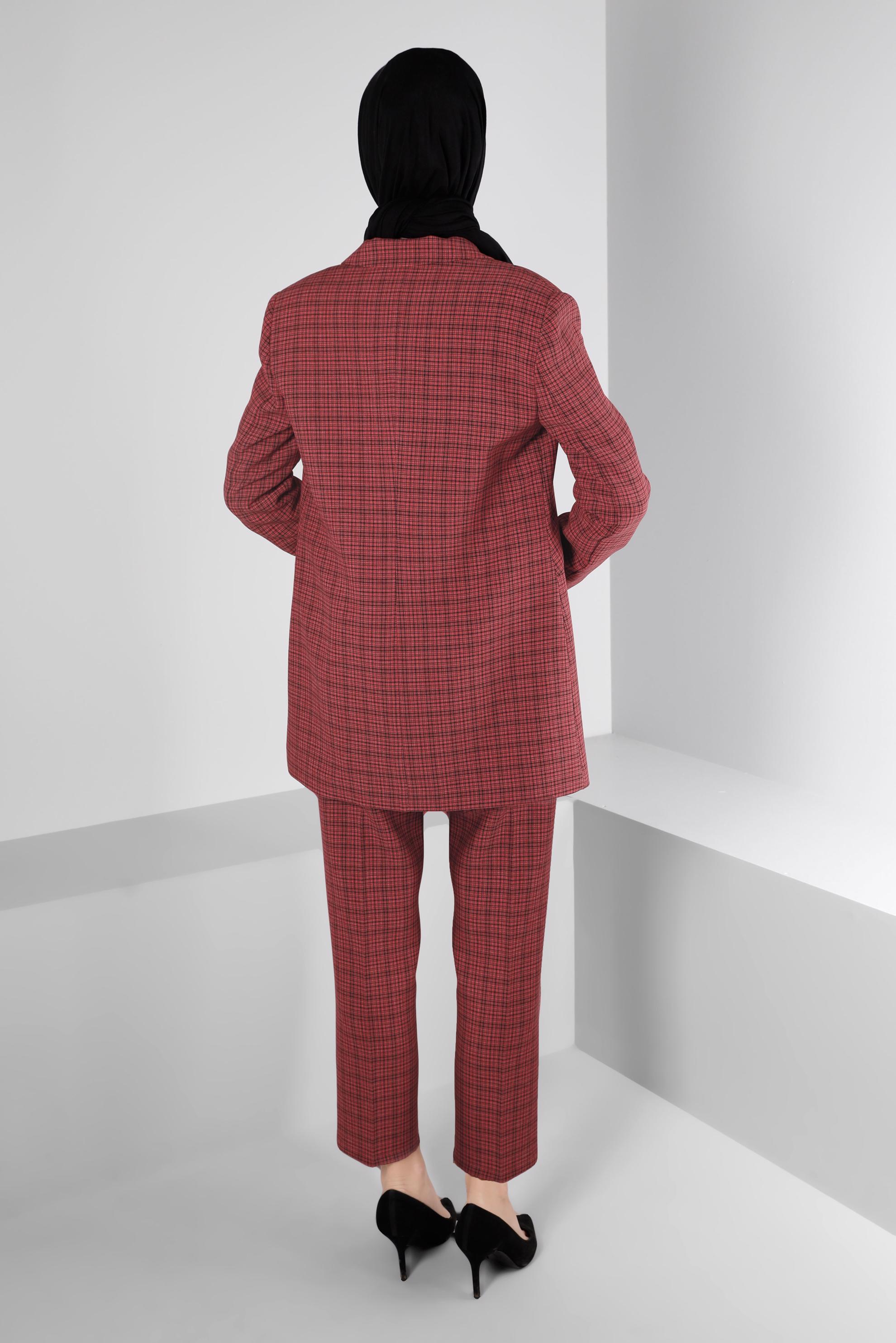 Vêtements hijab ROUGE ENSEMBLE PANTALON 2 PIÈCES BOUTONS À CARREAUX 30307