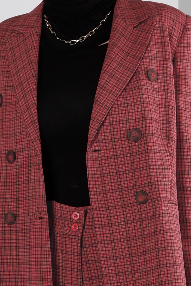 Tesettür giyim KIRMIZI EKOSE DESENLİ DÜĞMELİ İKİLİ PANT. TAKIM 30307 - ALVİNA