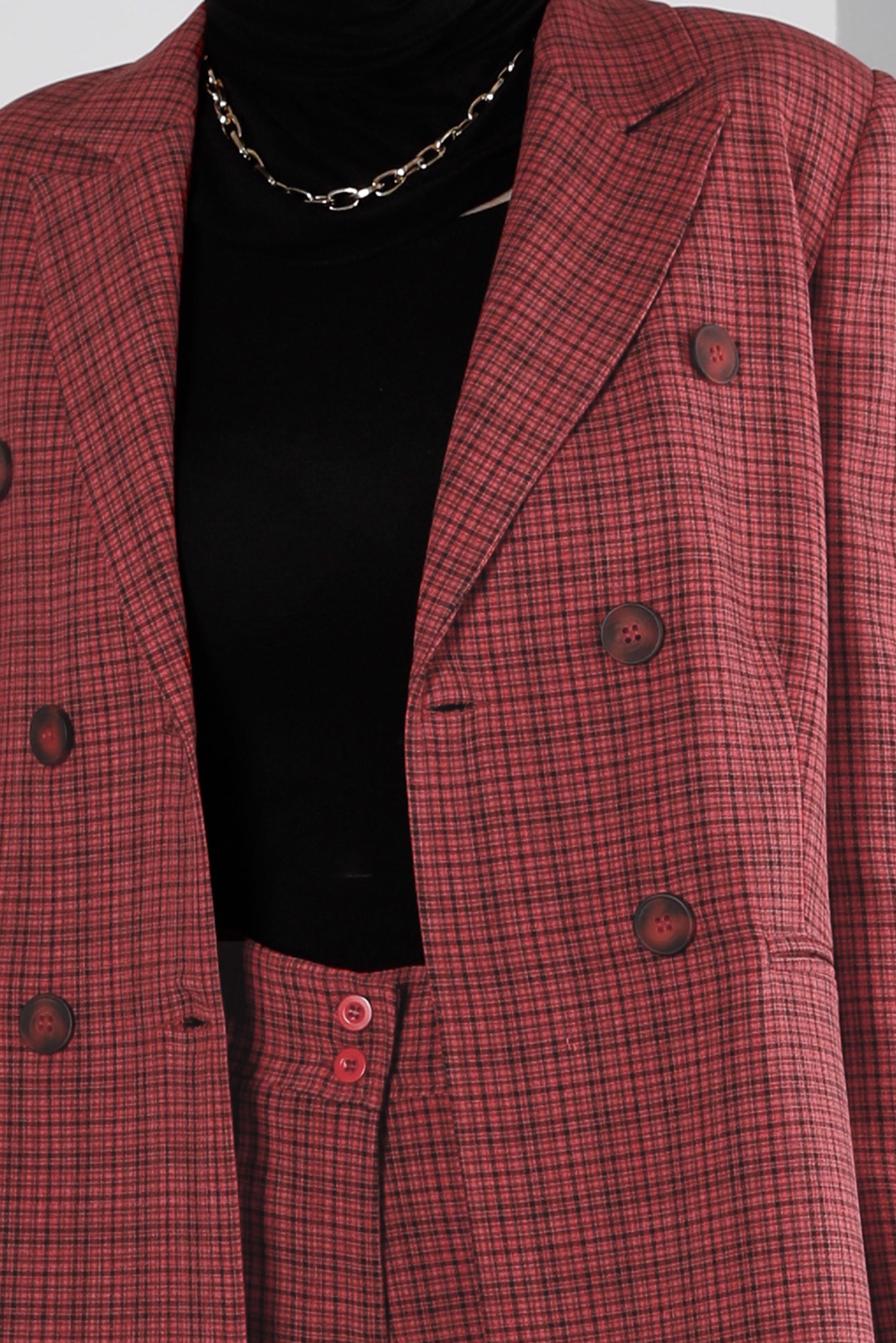 Vêtements hijab ROUGE ENSEMBLE PANTALON 2 PIÈCES BOUTONS À CARREAUX 30307