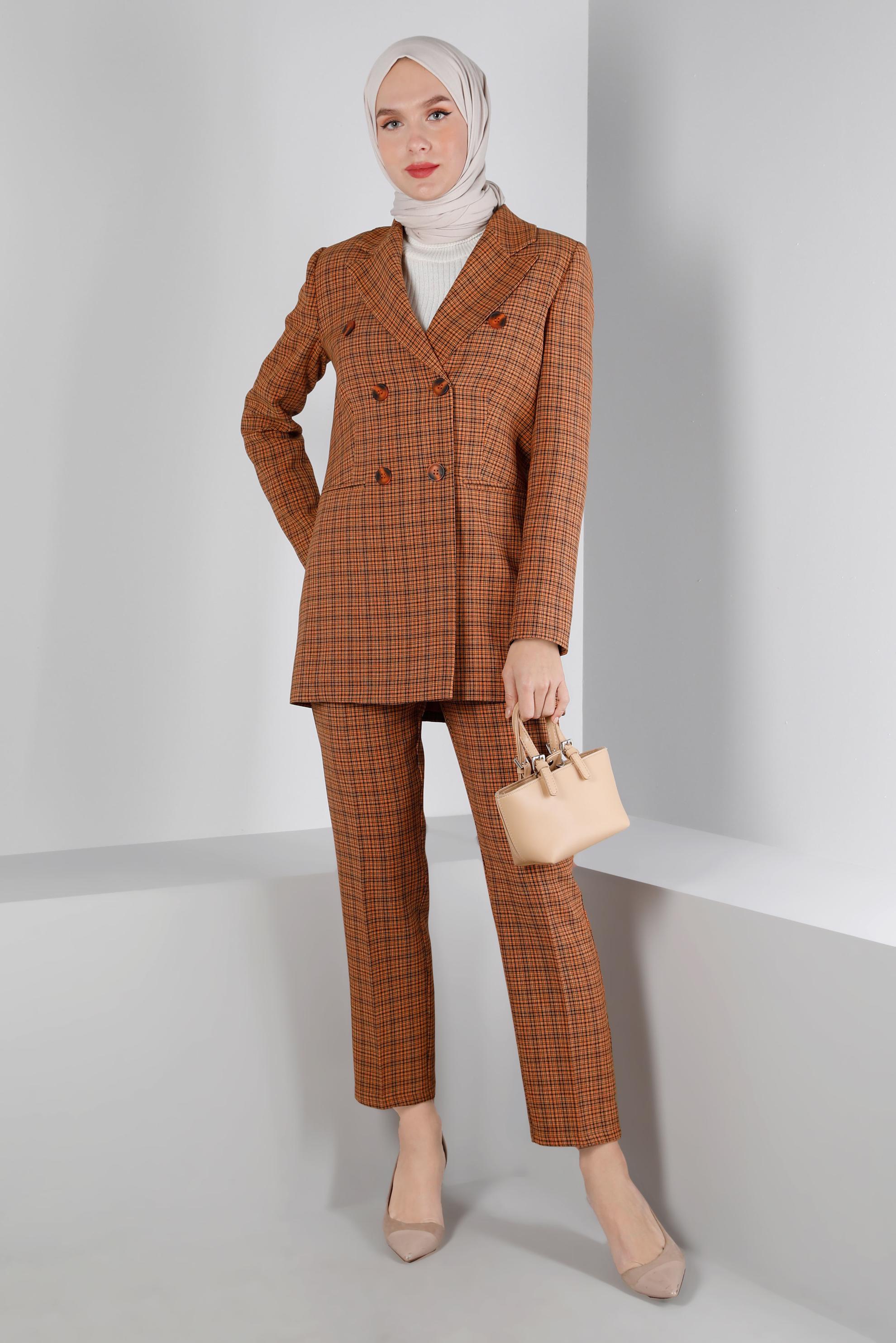 Tesettür giyim TURUNCU EKOSE DESENLİ DÜĞMELİ İKİLİ PANT. TAKIM 30307