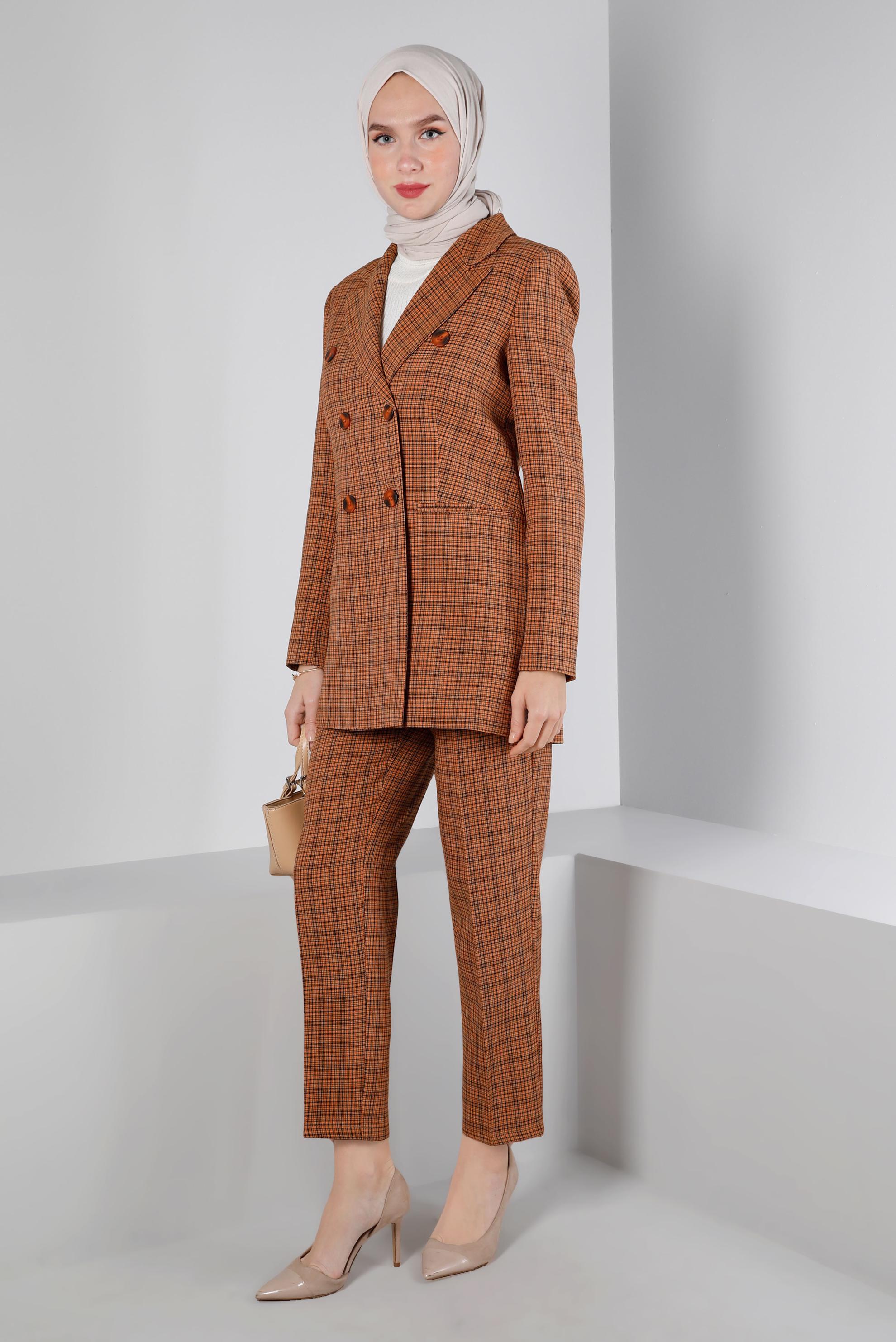 Tesettür giyim TURUNCU EKOSE DESENLİ DÜĞMELİ İKİLİ PANT. TAKIM 30307
