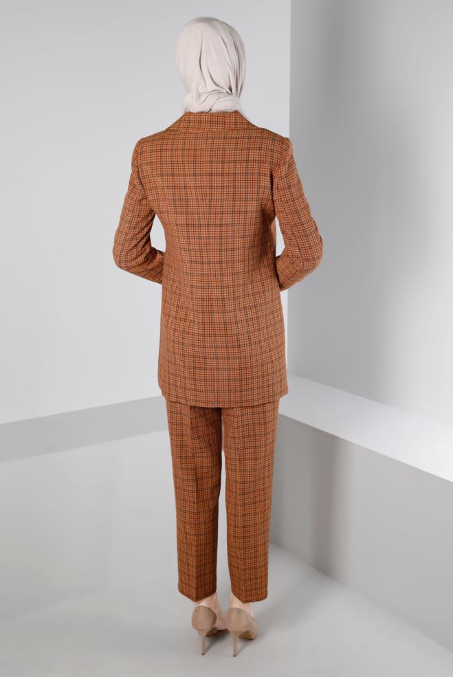 Tesettür giyim TURUNCU EKOSE DESENLİ DÜĞMELİ İKİLİ PANT. TAKIM 30307 - ALVİNA