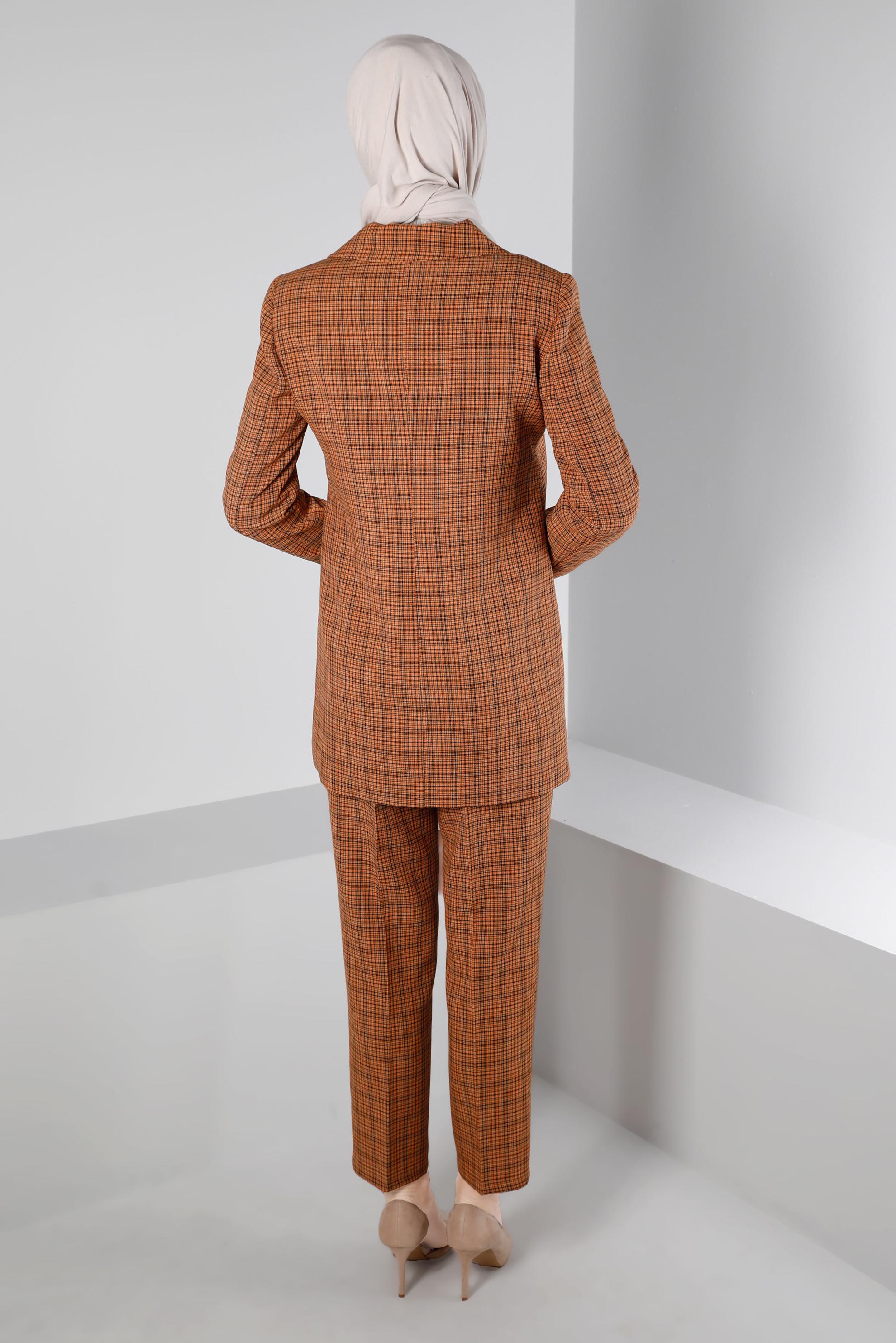 Tesettür giyim TURUNCU EKOSE DESENLİ DÜĞMELİ İKİLİ PANT. TAKIM 30307