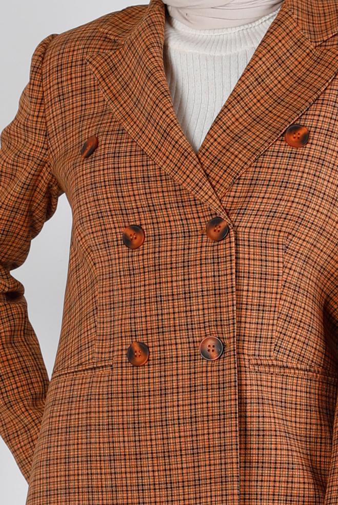 Tesettür giyim TURUNCU EKOSE DESENLİ DÜĞMELİ İKİLİ PANT. TAKIM 30307 - ALVİNA