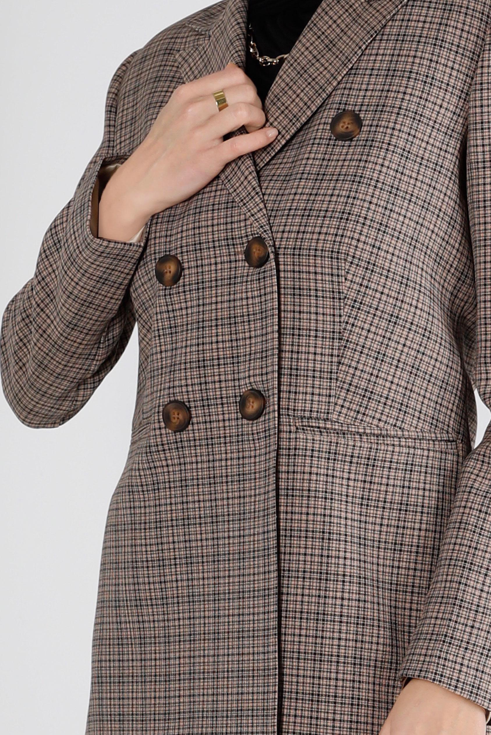 Tesettür giyim KAHVE EKOSE DESENLİ DÜĞMELİ İKİLİ PANT. TAKIM 30307