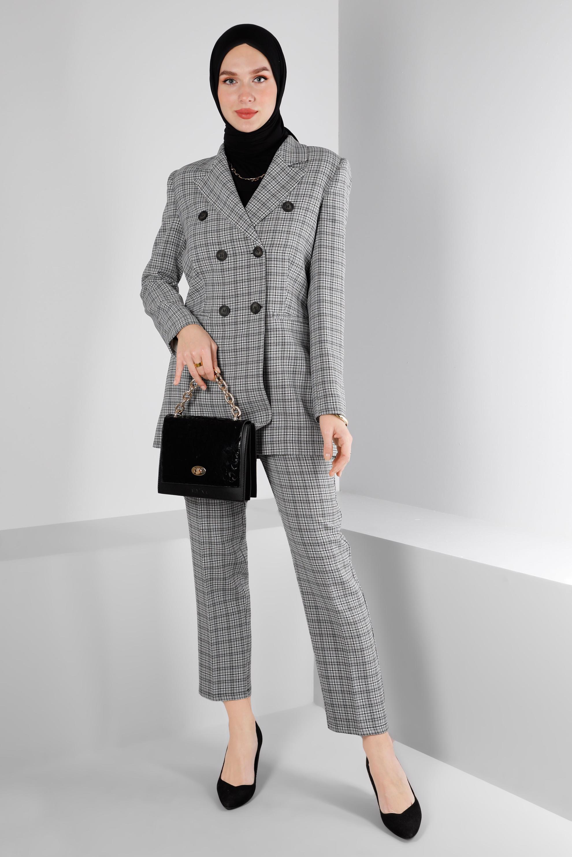Tesettür giyim SİYAH EKOSE DESENLİ DÜĞMELİ İKİLİ PANT. TAKIM 30307