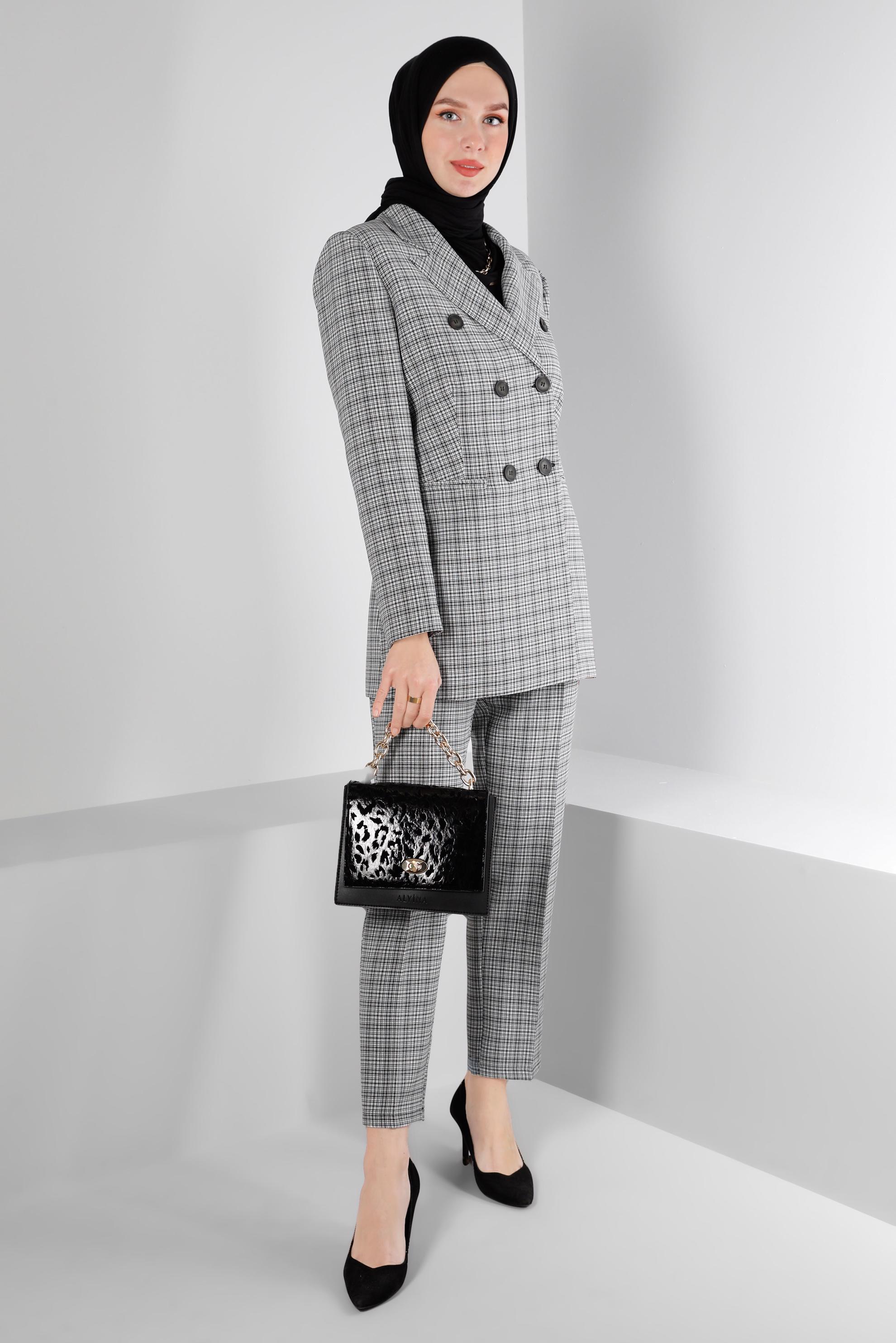 Tesettür giyim SİYAH EKOSE DESENLİ DÜĞMELİ İKİLİ PANT. TAKIM 30307