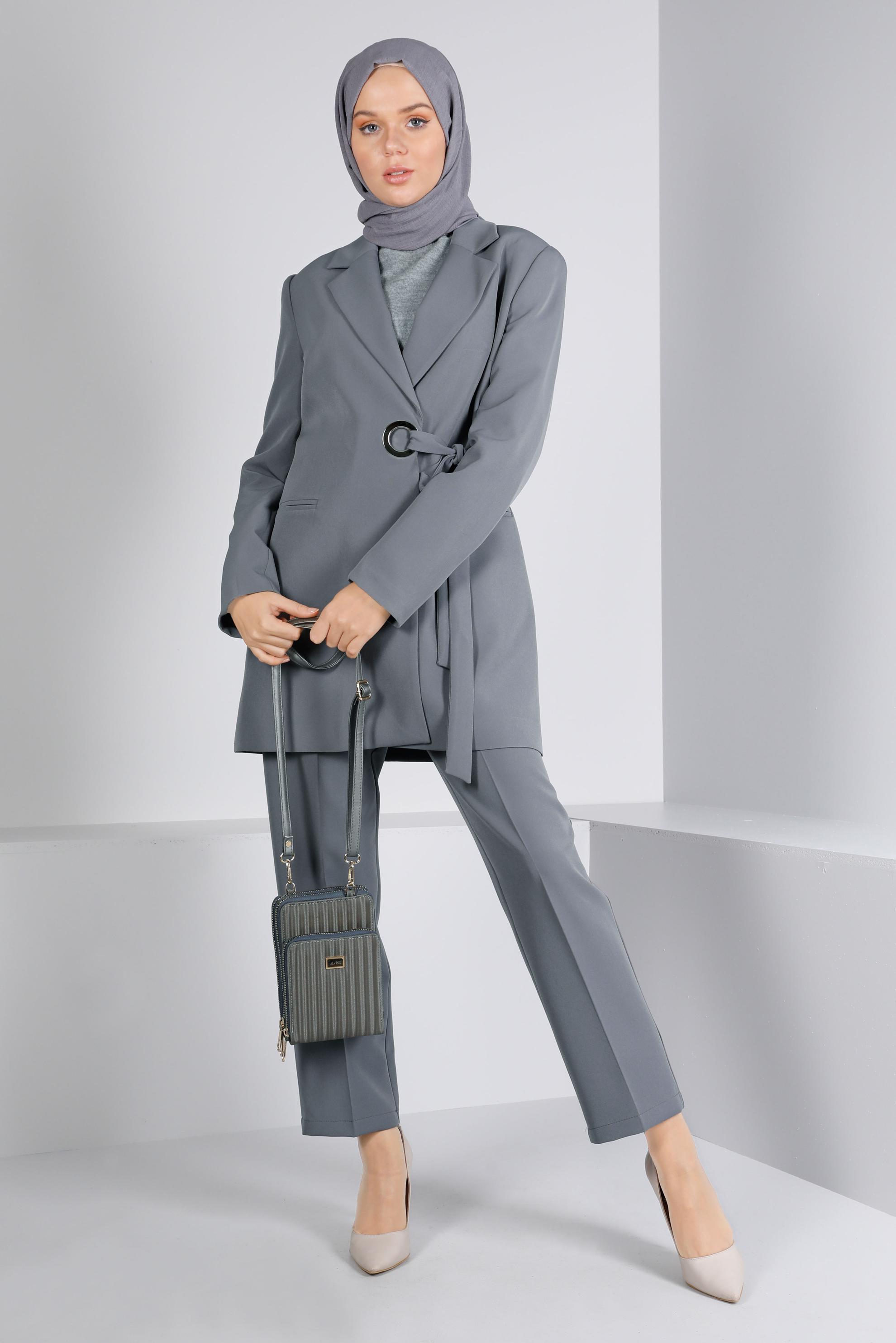 Tesettür giyim GRİ BAĞLAMA DETAYLI KLASİK İKİLİ PANT. TAKIM 30308 