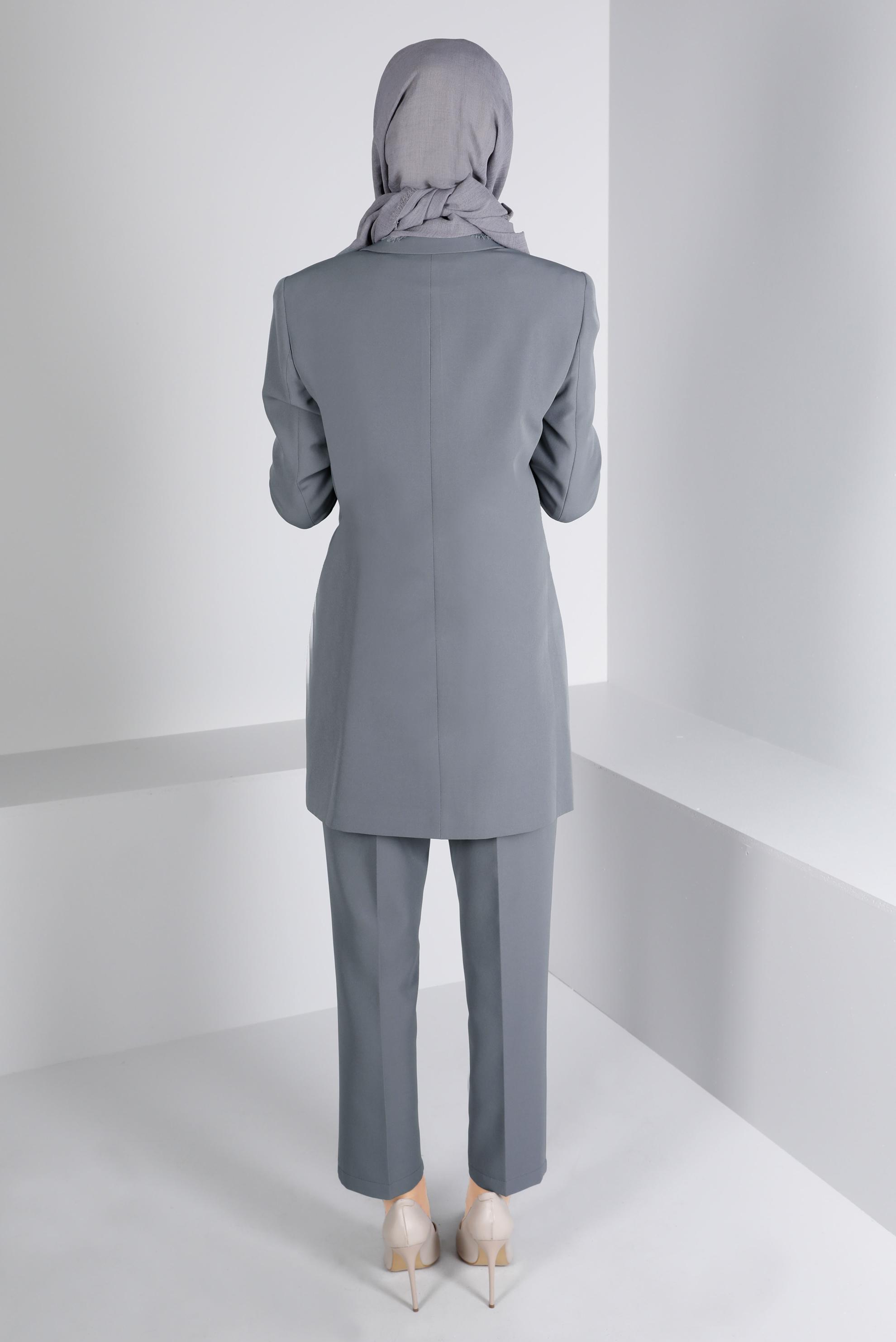 Tesettür giyim GRİ BAĞLAMA DETAYLI KLASİK İKİLİ PANT. TAKIM 30308 