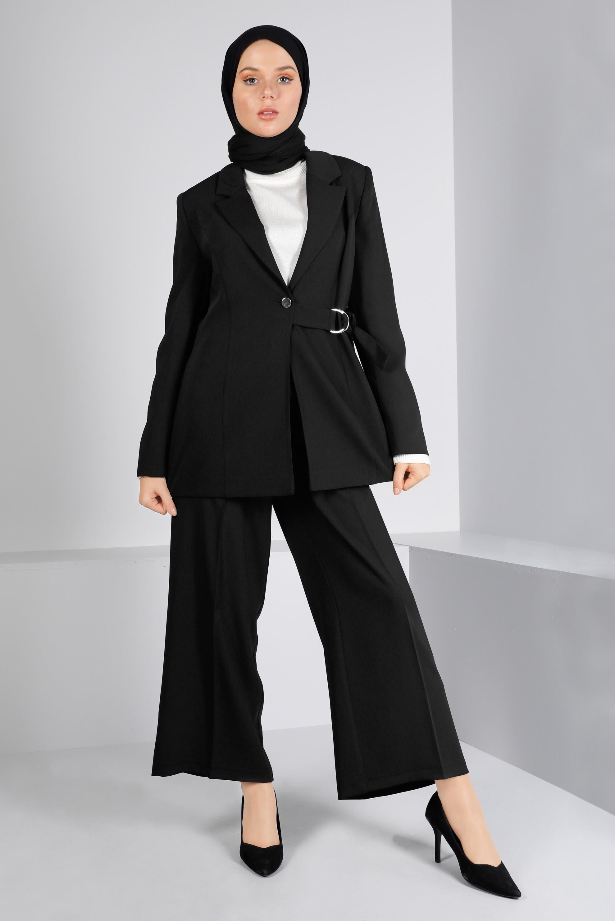 Tesettür giyim SİYAH KUŞAK DETAYLI DÜĞMELİ İKİLİ PANT. TAKIM 30309 