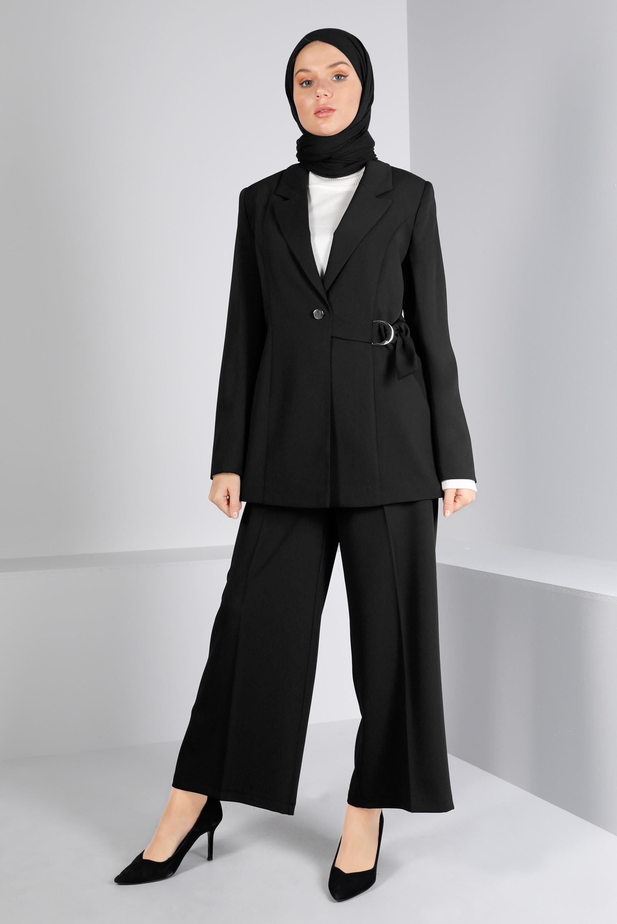 Tesettür giyim SİYAH KUŞAK DETAYLI DÜĞMELİ İKİLİ PANT. TAKIM 30309 