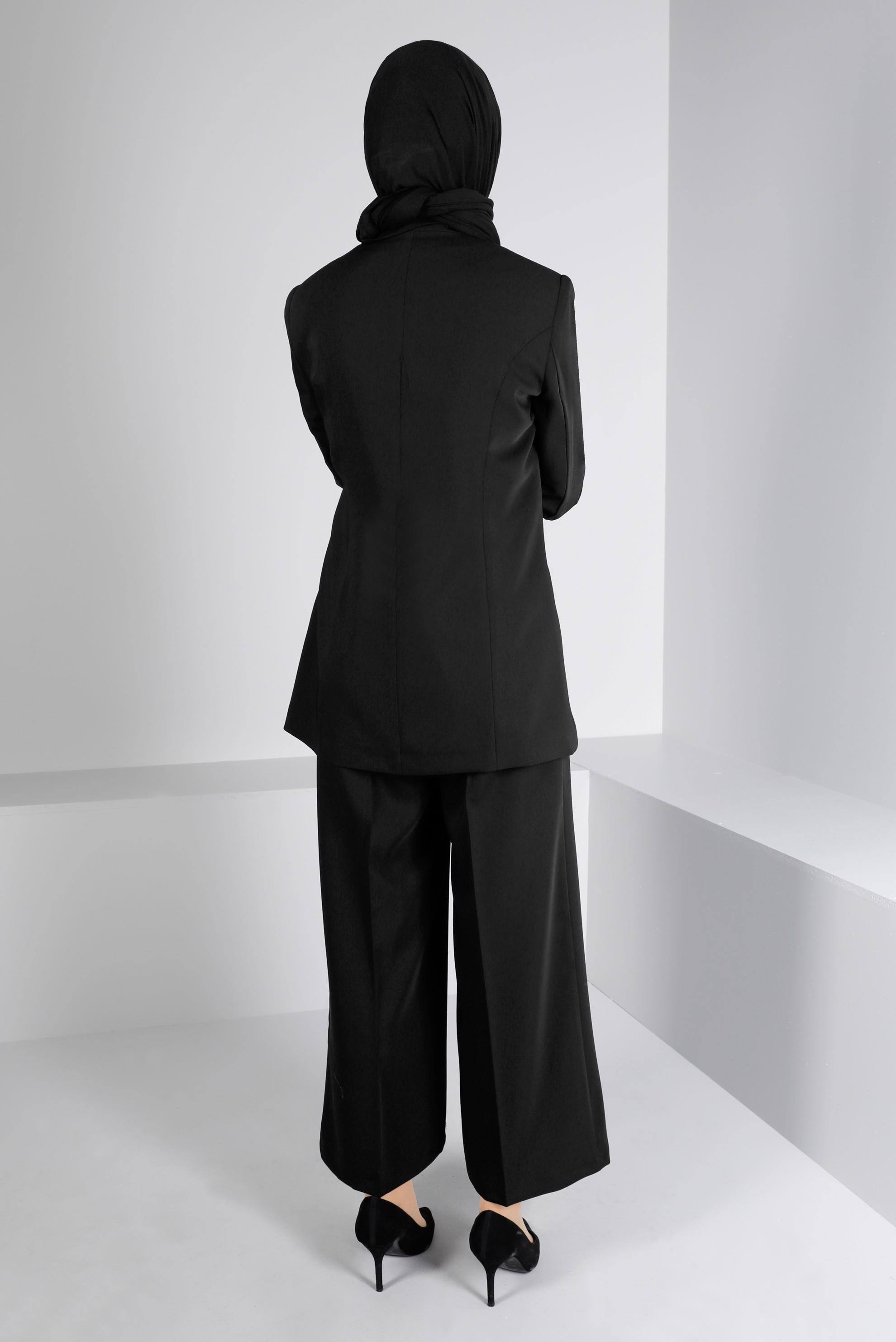 Tesettür giyim SİYAH KUŞAK DETAYLI DÜĞMELİ İKİLİ PANT. TAKIM 30309 