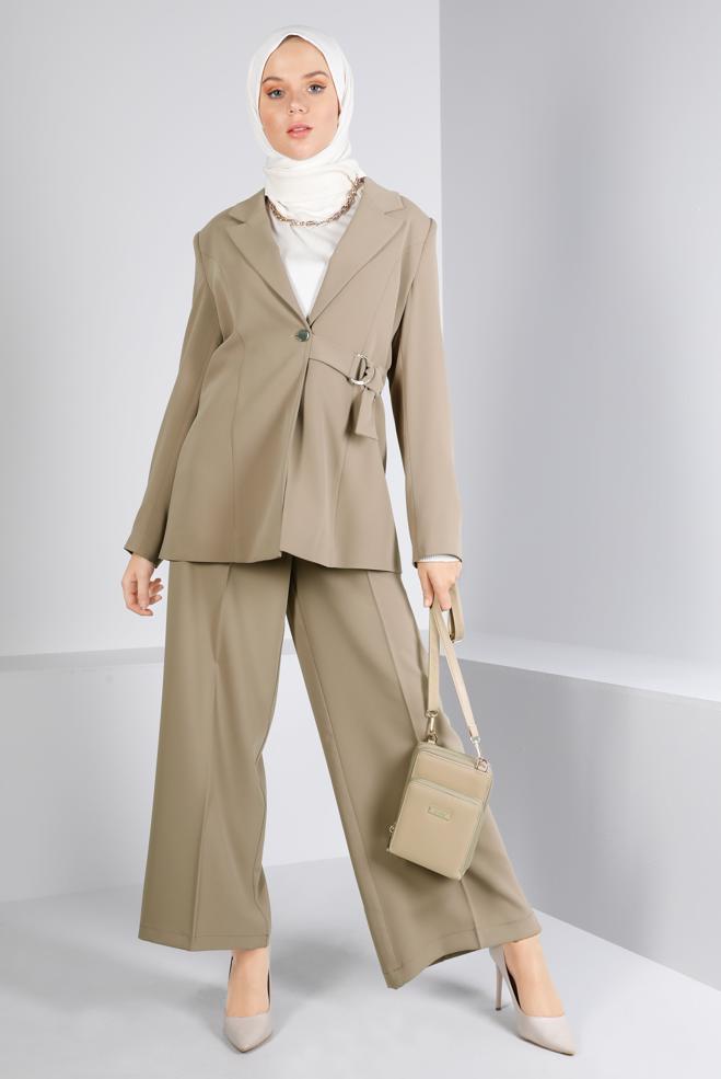 Tesettür giyim KAHVE KUŞAK DETAYLI DÜĞMELİ İKİLİ PANT. TAKIM 30309  - ALVİNA
