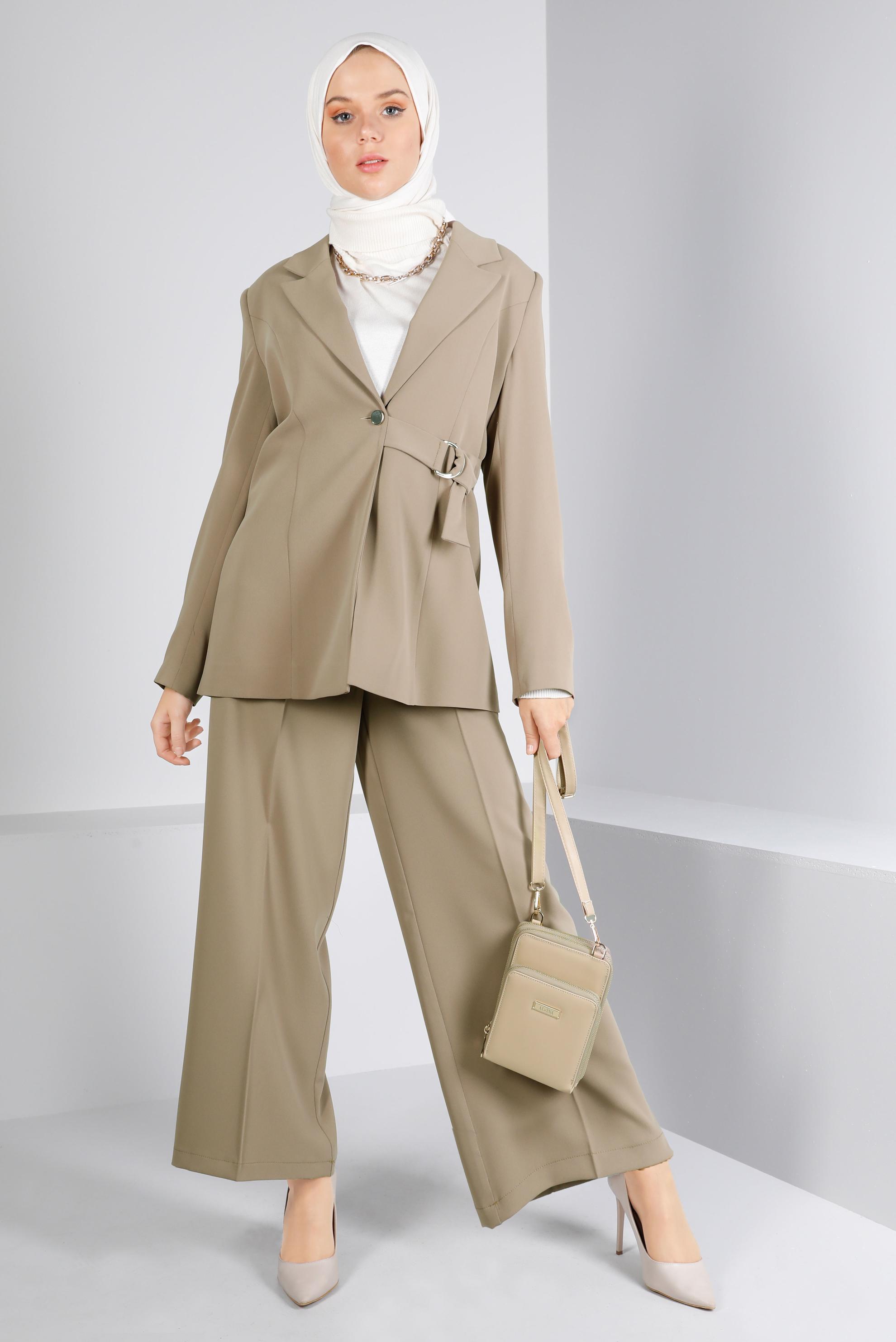 Tesettür giyim KAHVE KUŞAK DETAYLI DÜĞMELİ İKİLİ PANT. TAKIM 30309 