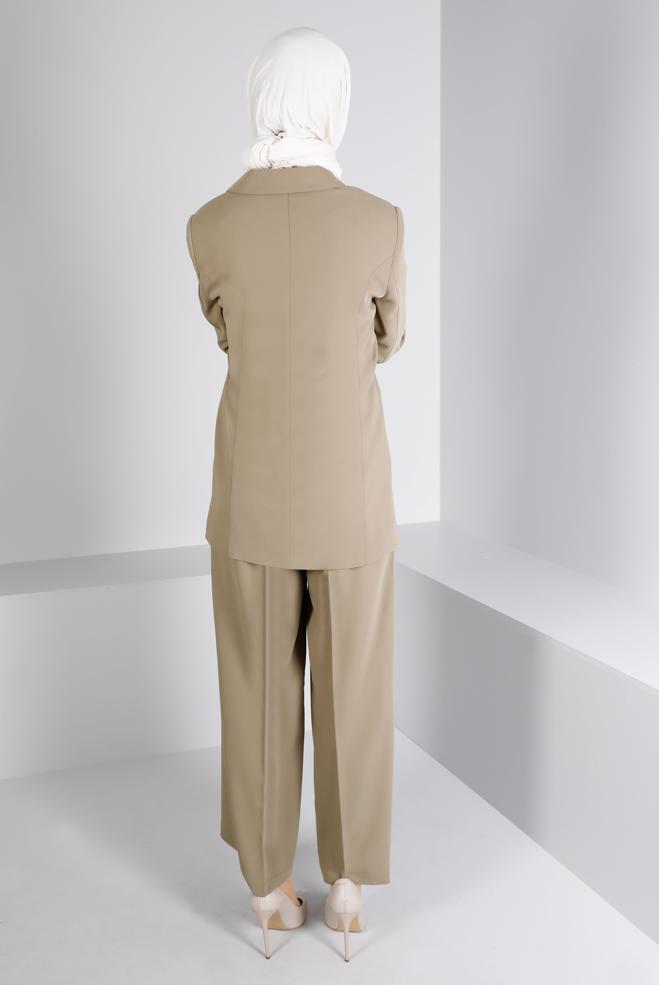 Tesettür giyim KAHVE KUŞAK DETAYLI DÜĞMELİ İKİLİ PANT. TAKIM 30309  - ALVİNA