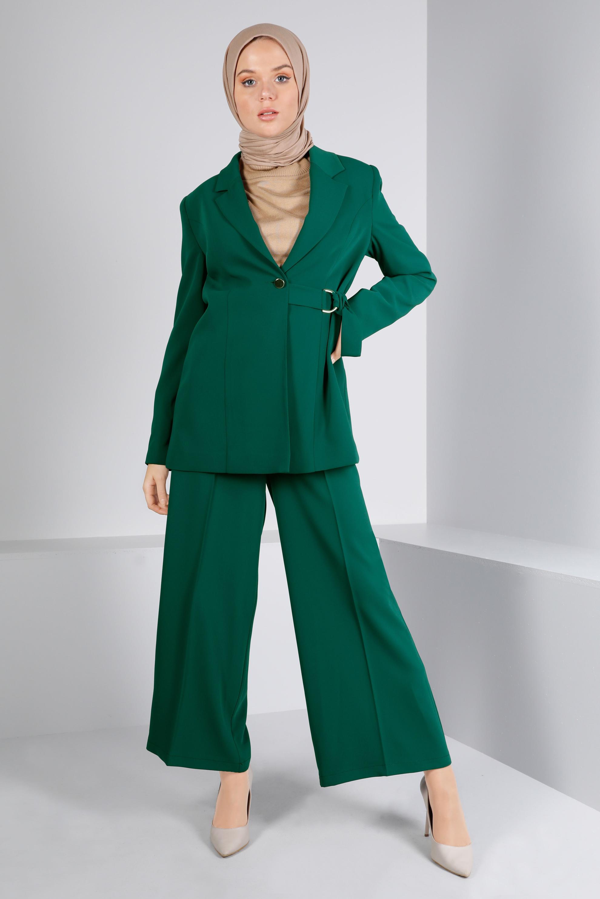 Vêtements hijab VERT ENSEMBLE PANTALON 2 PIÈCES BOUTONNÉ DÉTAIL CEINTURE 30309