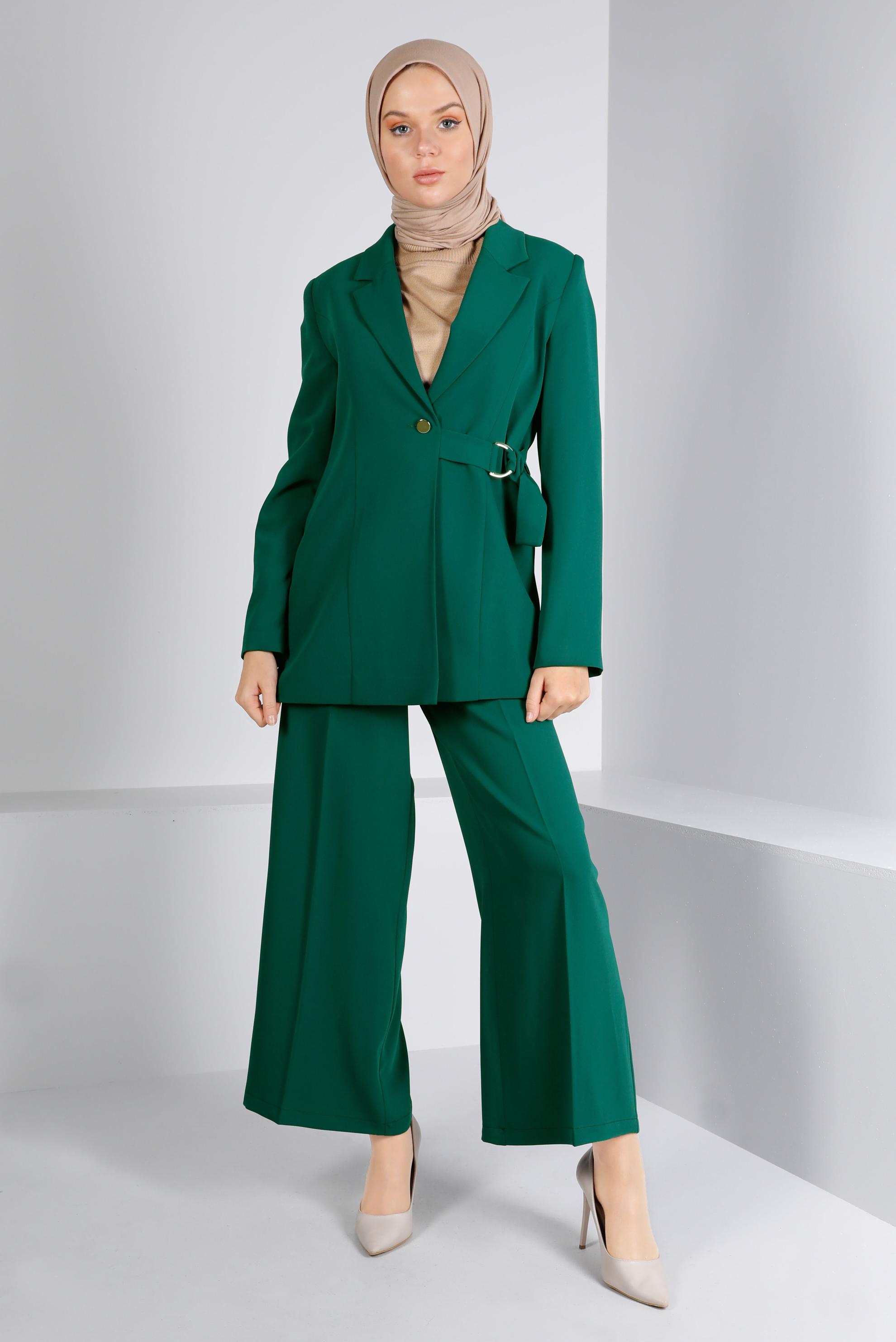 Vêtements hijab VERT ENSEMBLE PANTALON 2 PIÈCES BOUTONNÉ DÉTAIL CEINTURE 30309