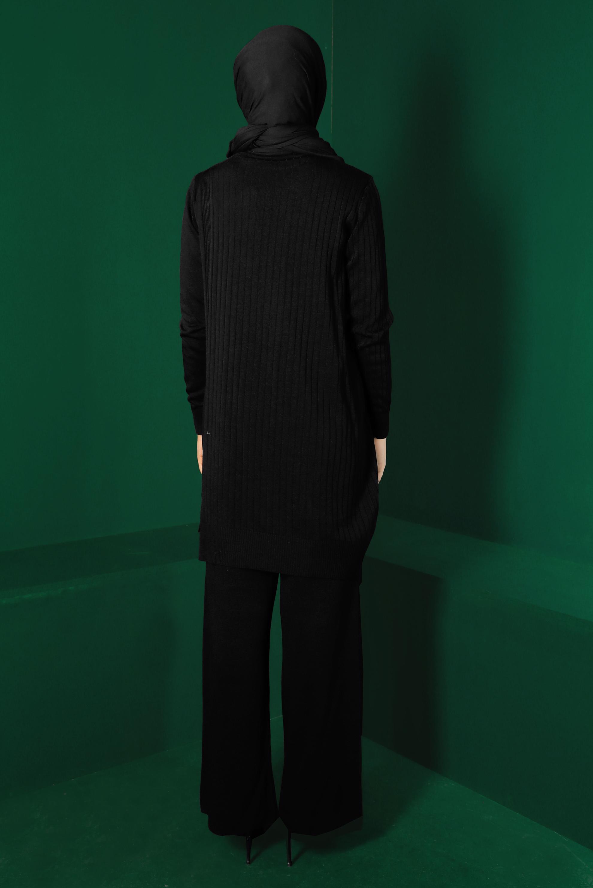 Tesettür giyim SİYAH TAŞLI FİTİLLİ İKİLİ PANT. TRİKO TAKIM 43212