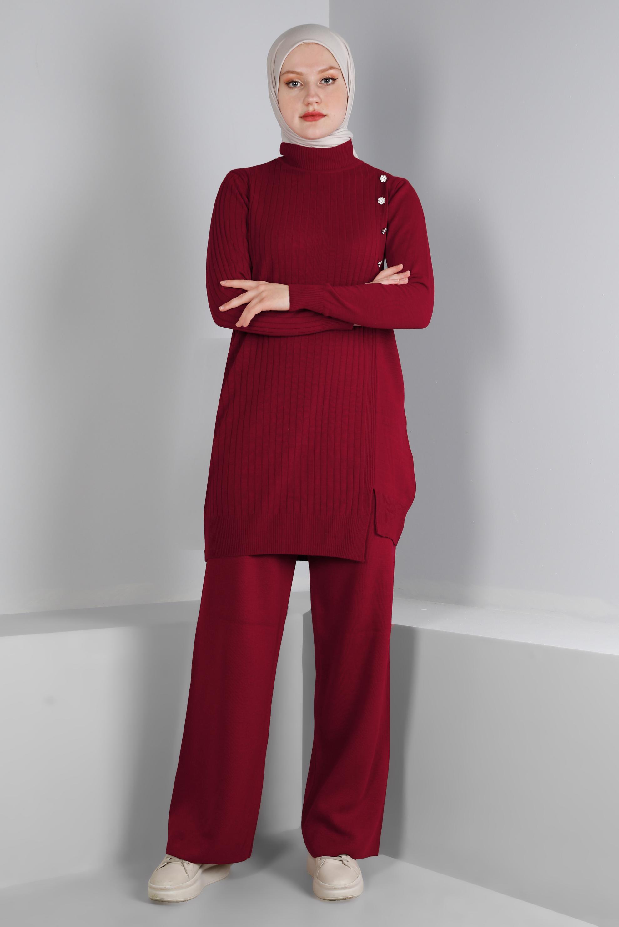 Hijab clothing CLARET RED CORDUROY KNITWEAR PANTS SUIT WITH GEM 43212