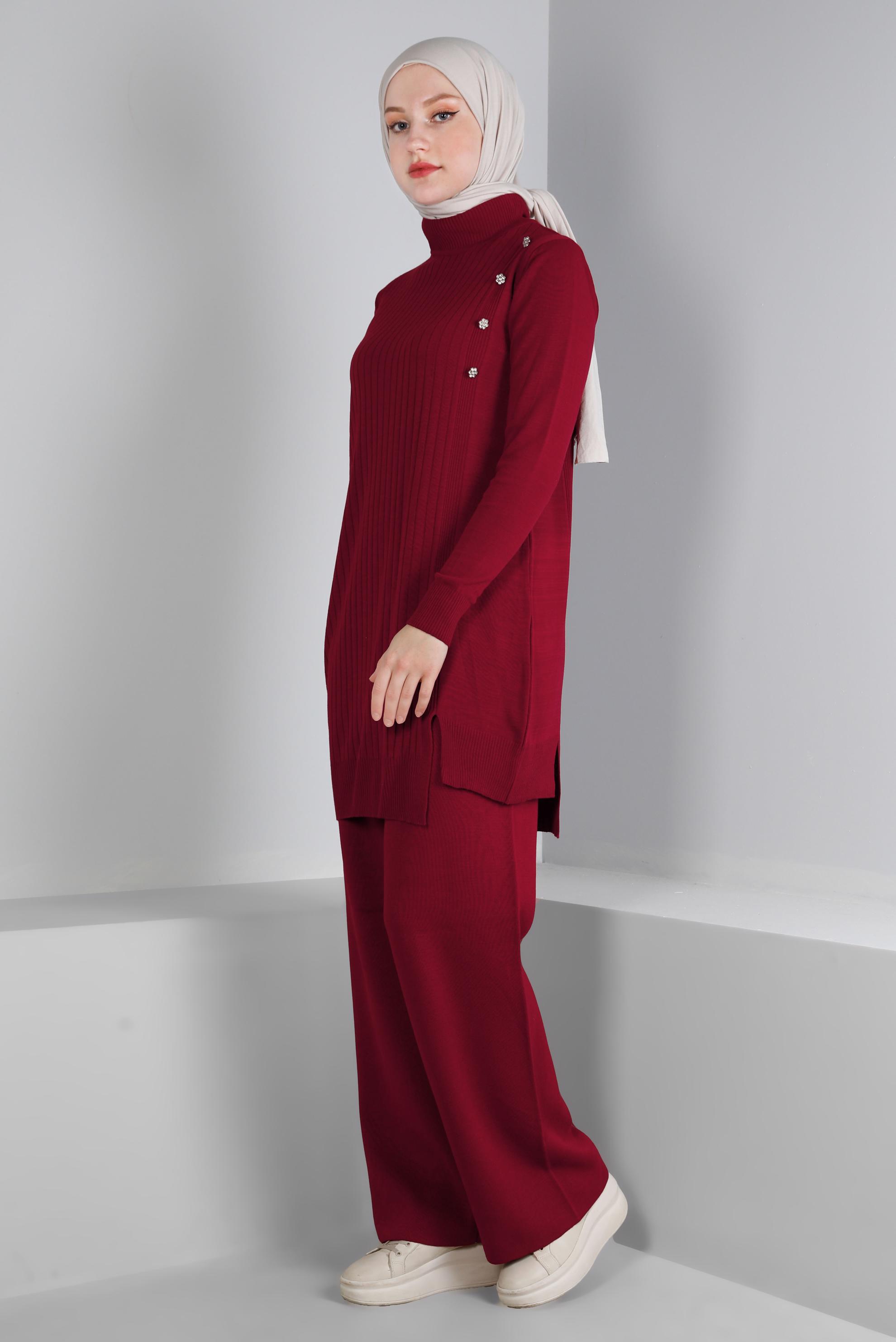 Hijab clothing CLARET RED CORDUROY KNITWEAR PANTS SUIT WITH GEM 43212