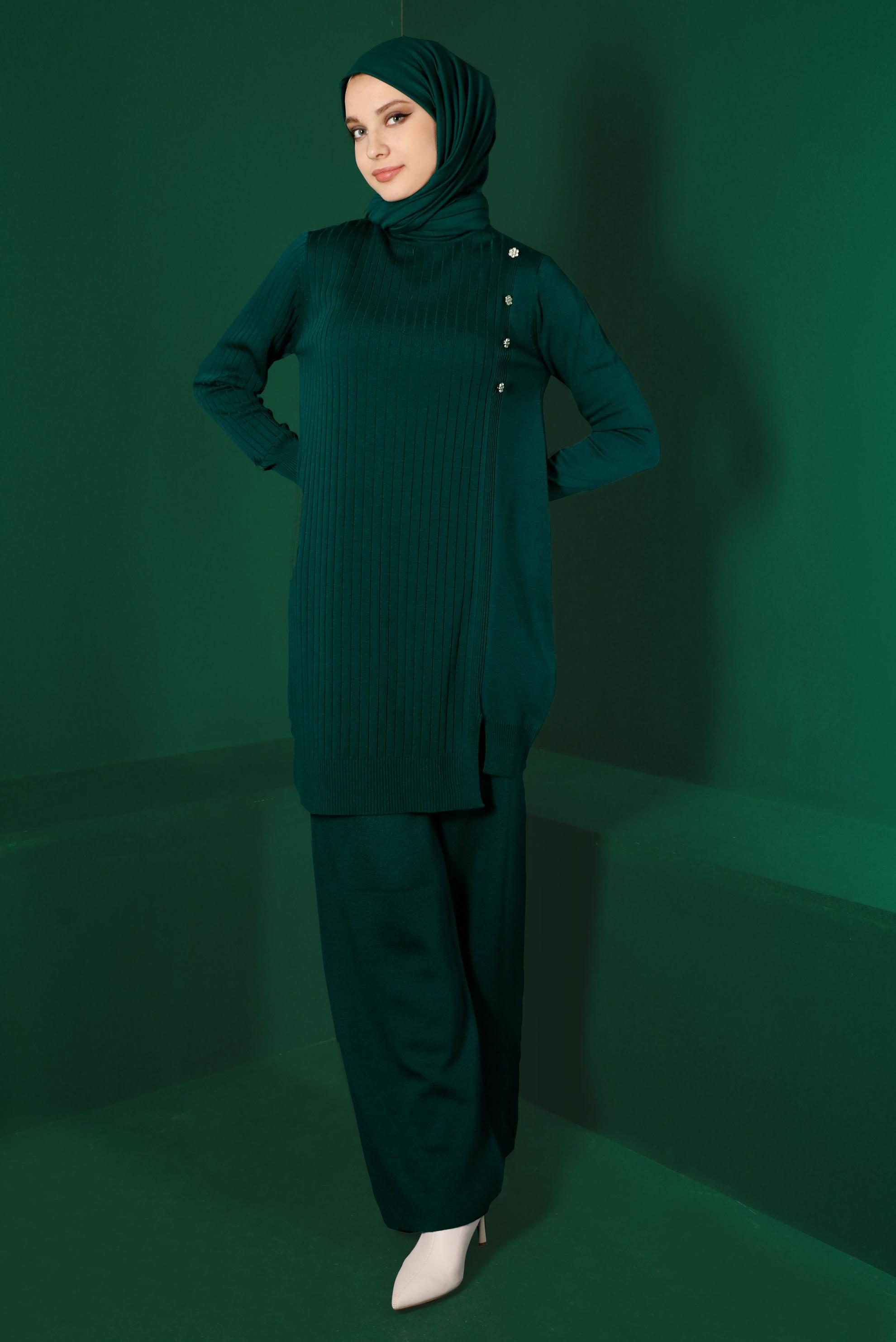 Tesettür giyim YEŞİL TAŞLI FİTİLLİ İKİLİ PANT. TRİKO TAKIM 43212