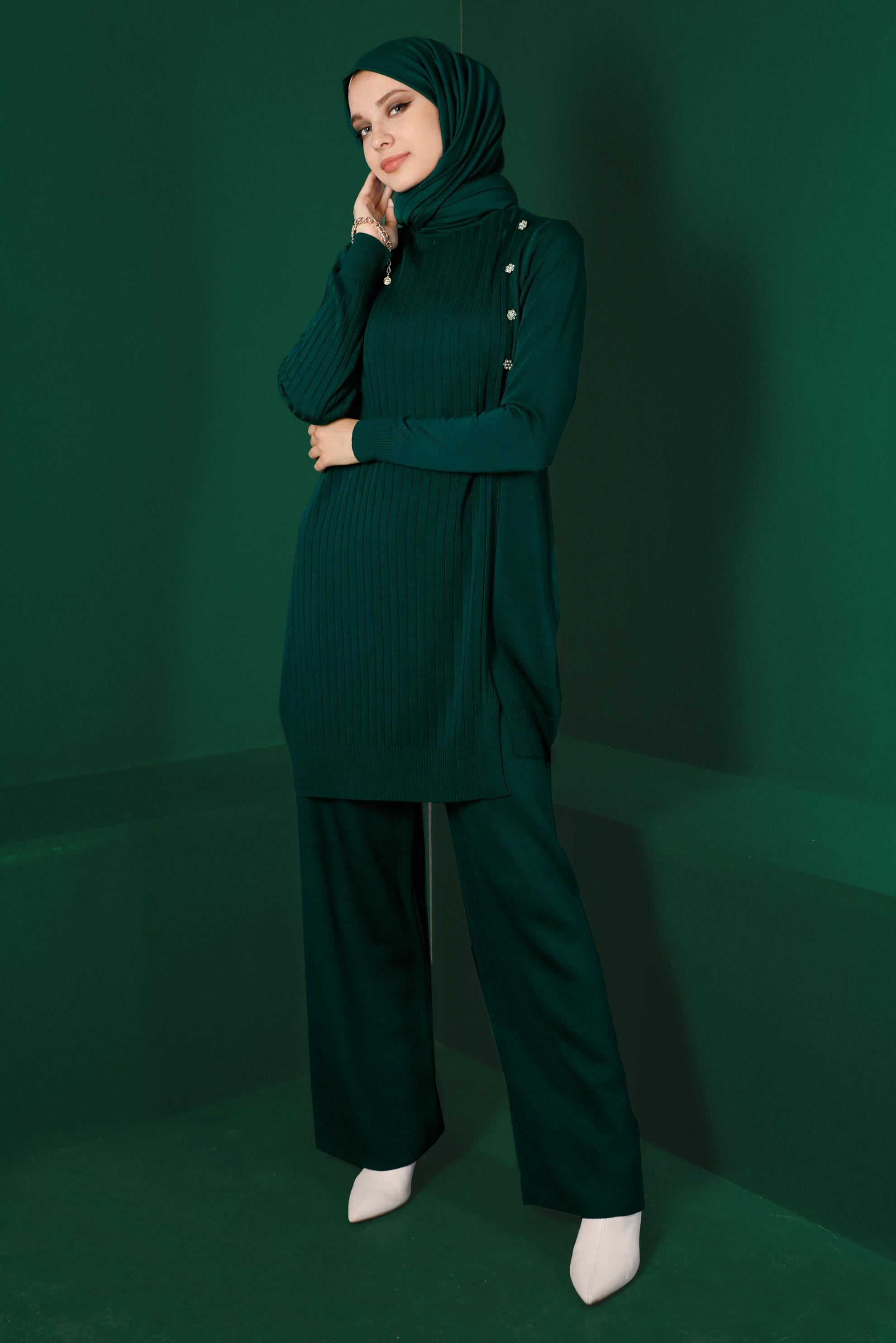 Tesettür giyim YEŞİL TAŞLI FİTİLLİ İKİLİ PANT. TRİKO TAKIM 43212