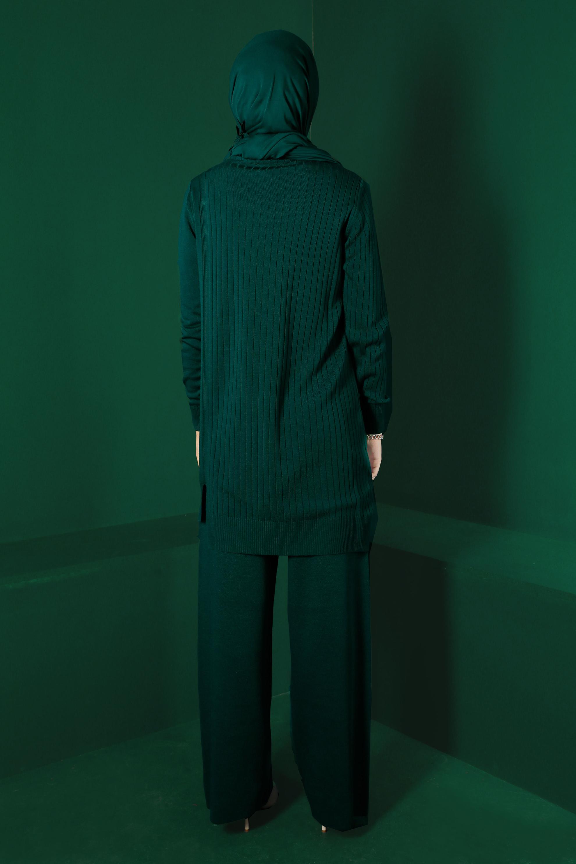 Tesettür giyim YEŞİL TAŞLI FİTİLLİ İKİLİ PANT. TRİKO TAKIM 43212