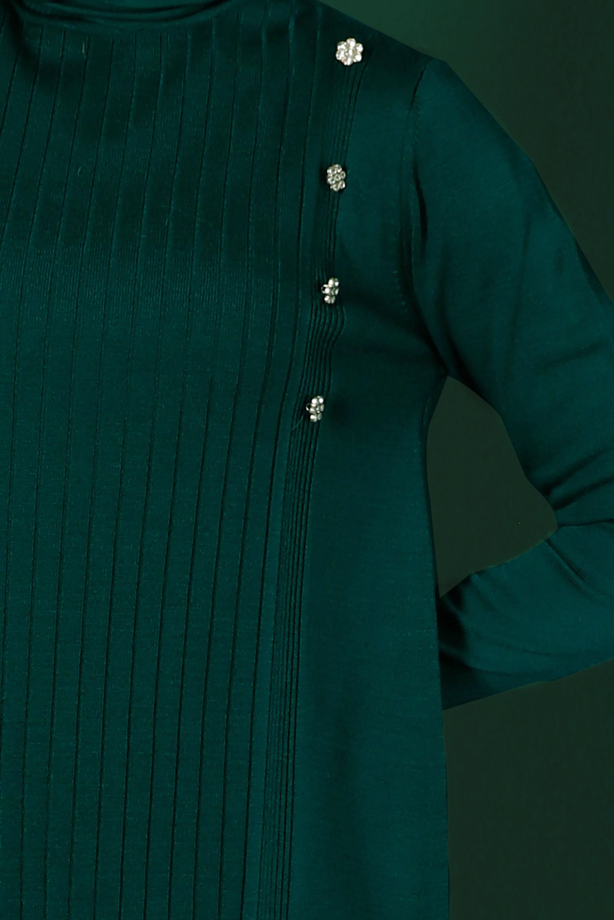 Tesettür giyim YEŞİL TAŞLI FİTİLLİ İKİLİ PANT. TRİKO TAKIM 43212