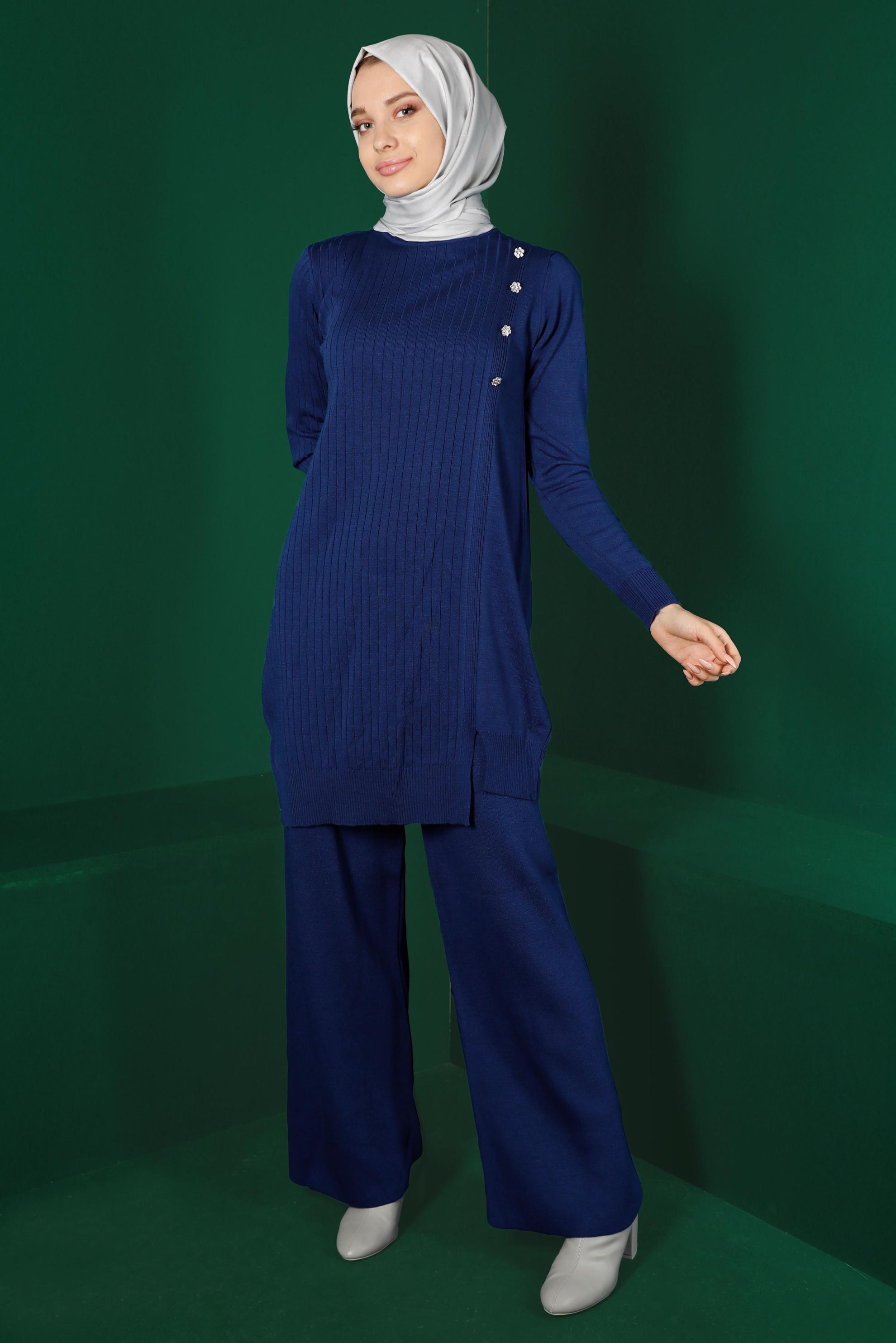Tesettür giyim MAVİ TAŞLI FİTİLLİ İKİLİ PANT. TRİKO TAKIM 43212