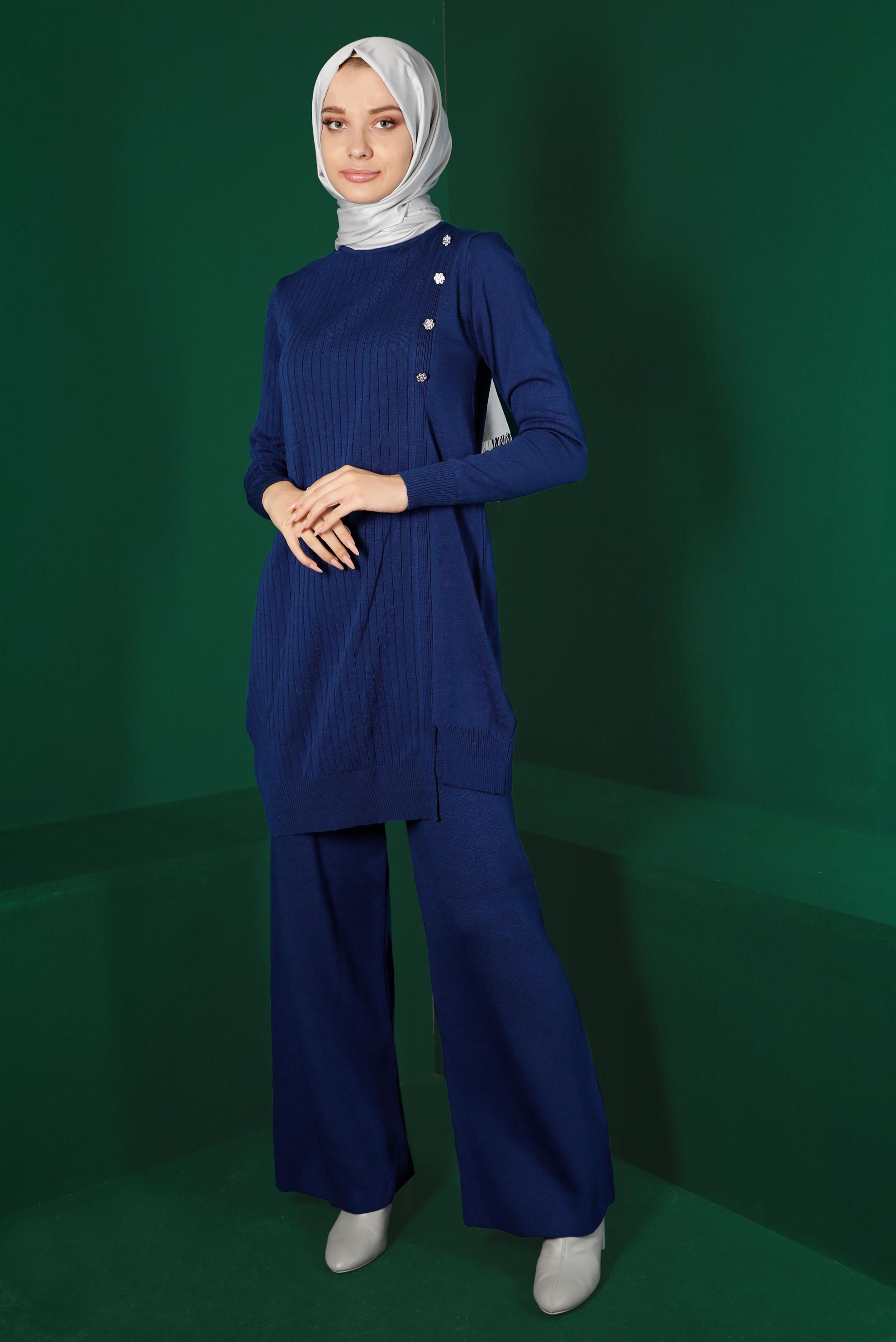 Tesettür giyim MAVİ TAŞLI FİTİLLİ İKİLİ PANT. TRİKO TAKIM 43212