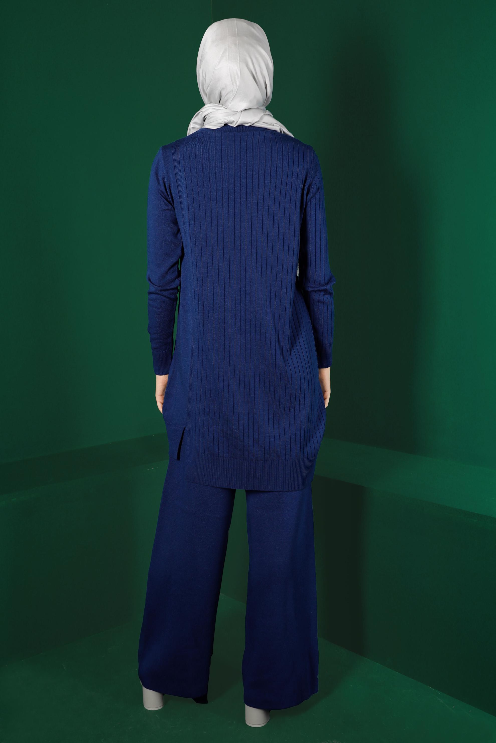 Tesettür giyim MAVİ TAŞLI FİTİLLİ İKİLİ PANT. TRİKO TAKIM 43212