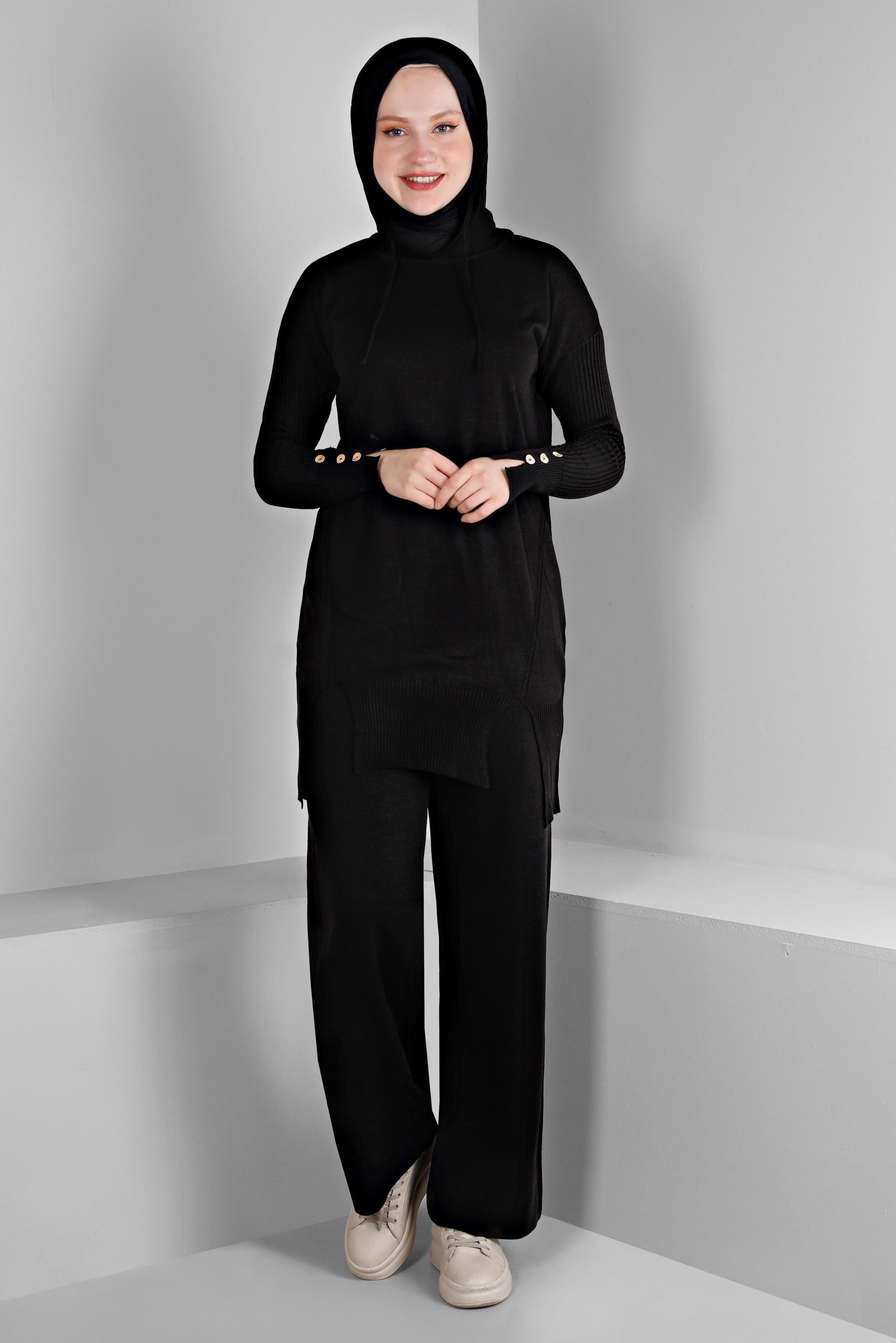 Vêtements hijab NOIR ENSEMBLE PANTALON 2 PIÈCES EN MAILLE AVEC DÉTAIL FENTE 43213