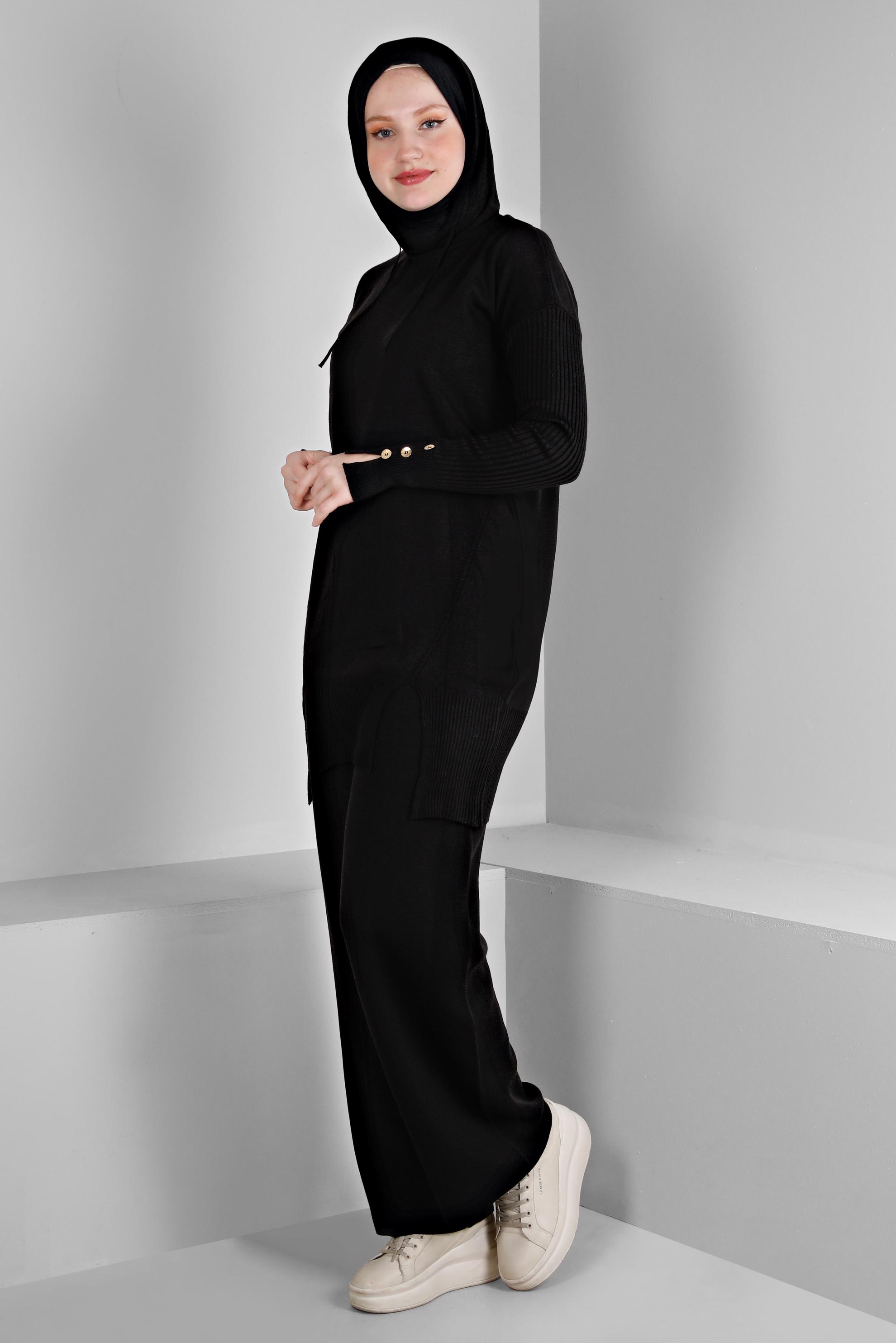 Vêtements hijab NOIR ENSEMBLE PANTALON 2 PIÈCES EN MAILLE AVEC DÉTAIL FENTE 43213