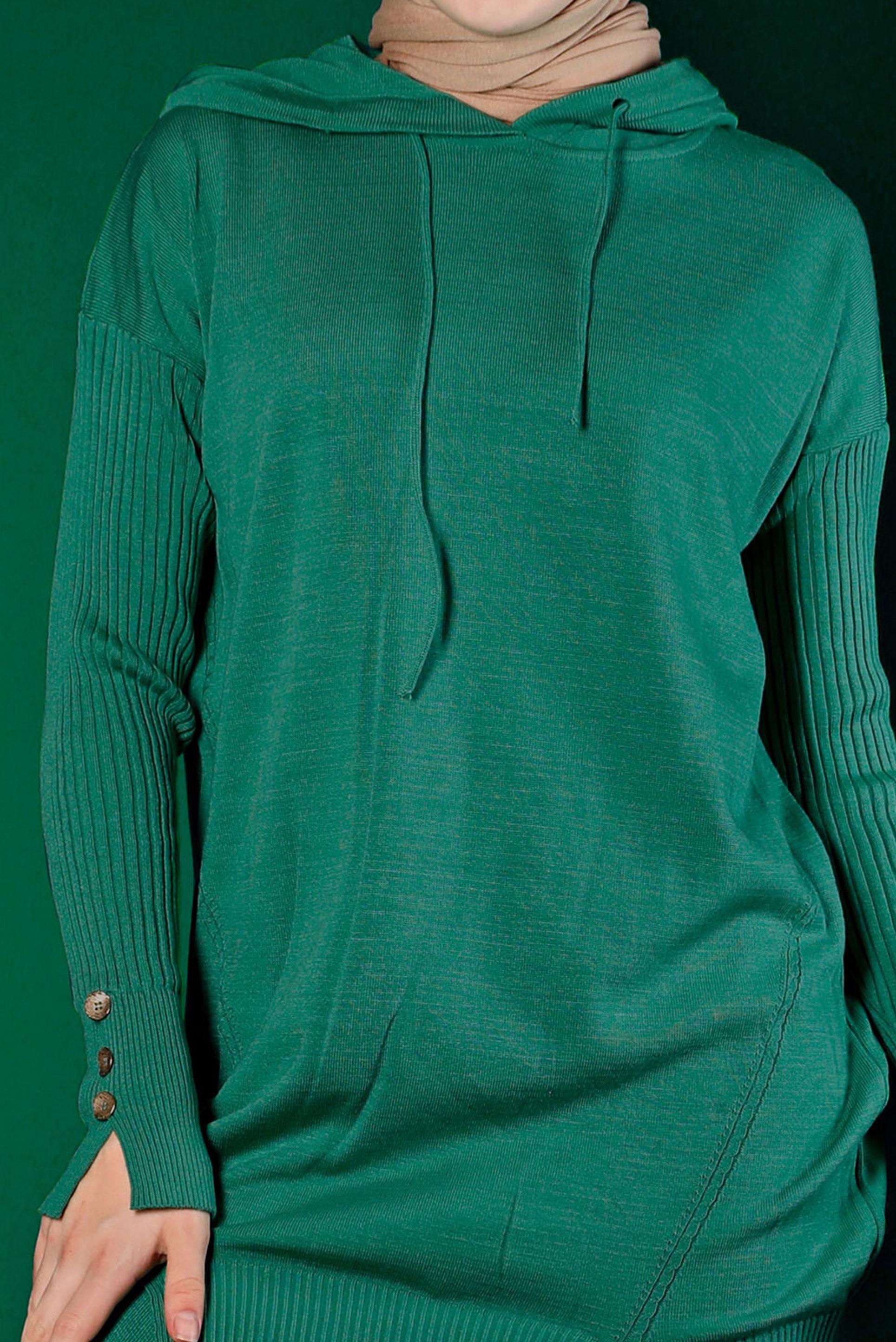 Tesettür giyim YEŞİL YIRTMAÇ DETAYLI İKİLİ PANT. TRİKO TAKIM 43213