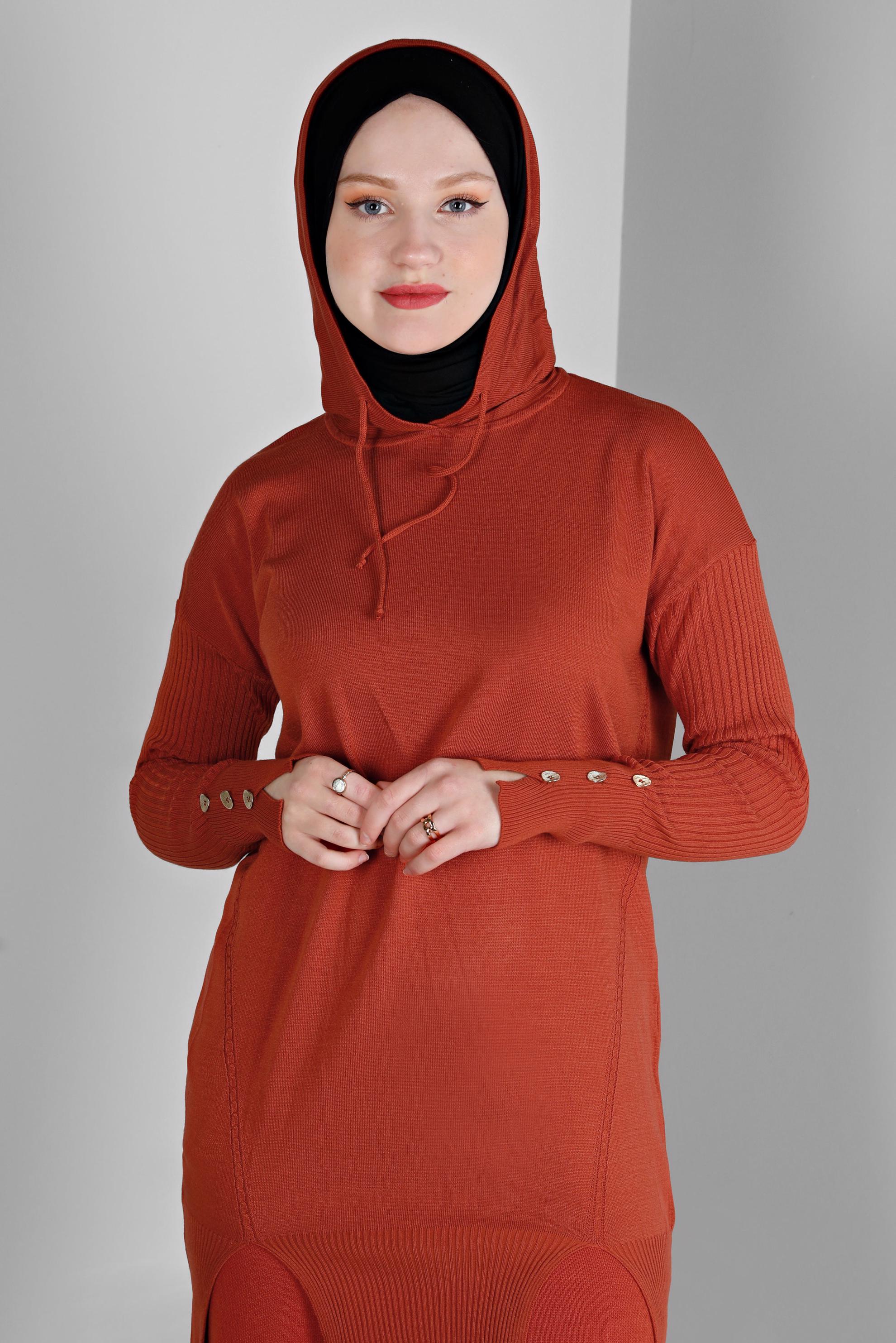 Tesettür giyim TURUNCU YIRTMAÇ DETAYLI İKİLİ PANT. TRİKO TAKIM 43213