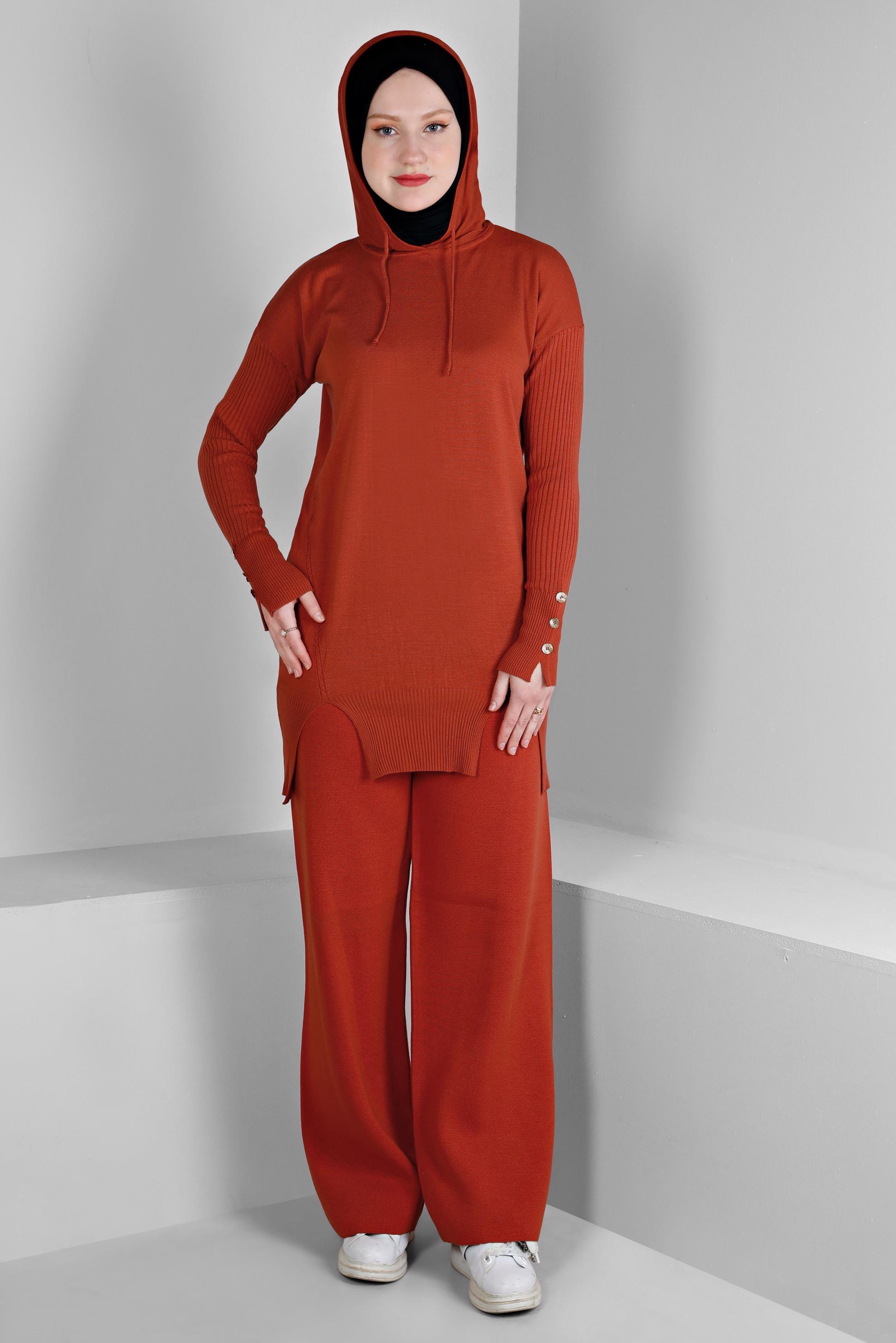 Tesettür giyim TURUNCU YIRTMAÇ DETAYLI İKİLİ PANT. TRİKO TAKIM 43213