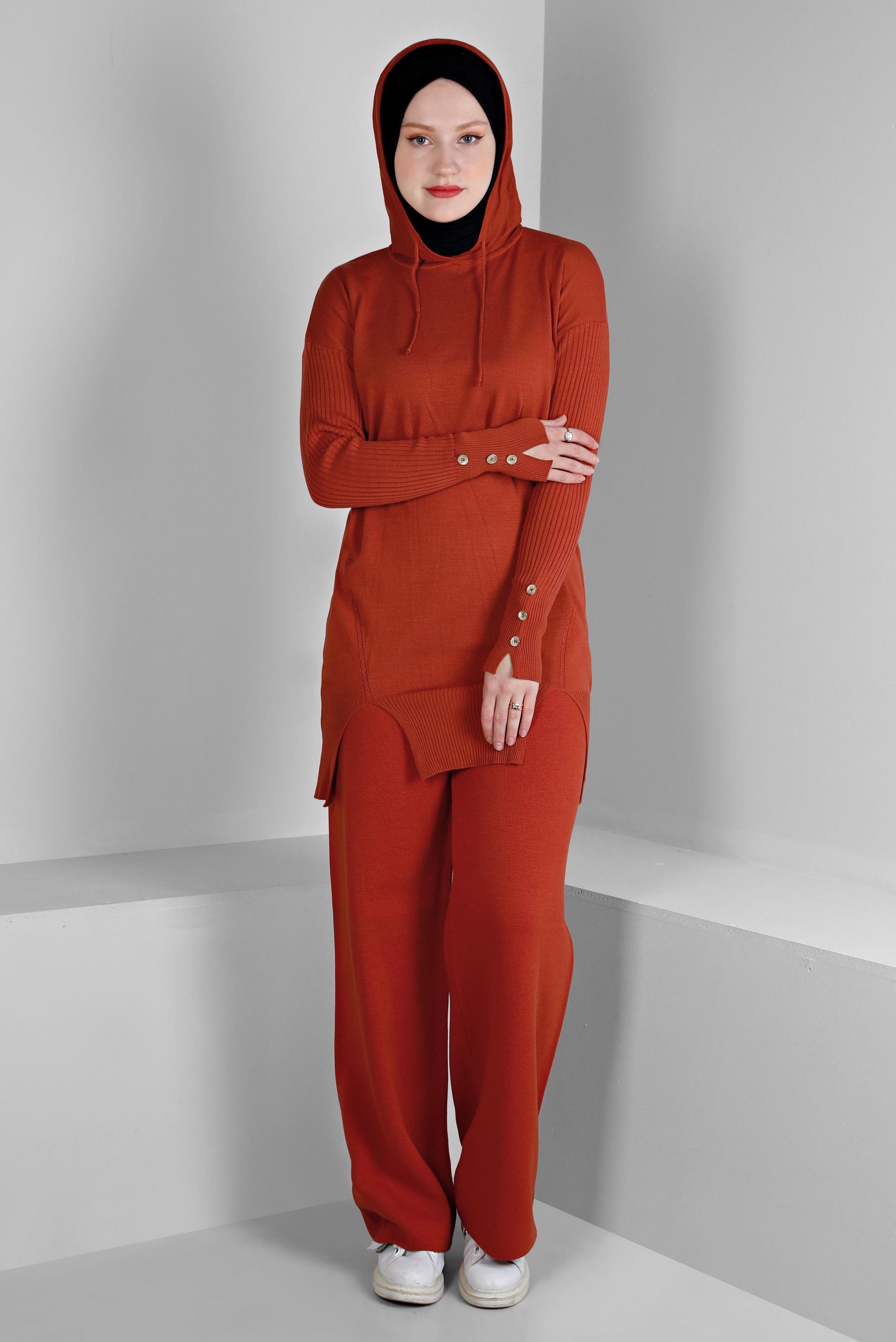 Tesettür giyim TURUNCU YIRTMAÇ DETAYLI İKİLİ PANT. TRİKO TAKIM 43213