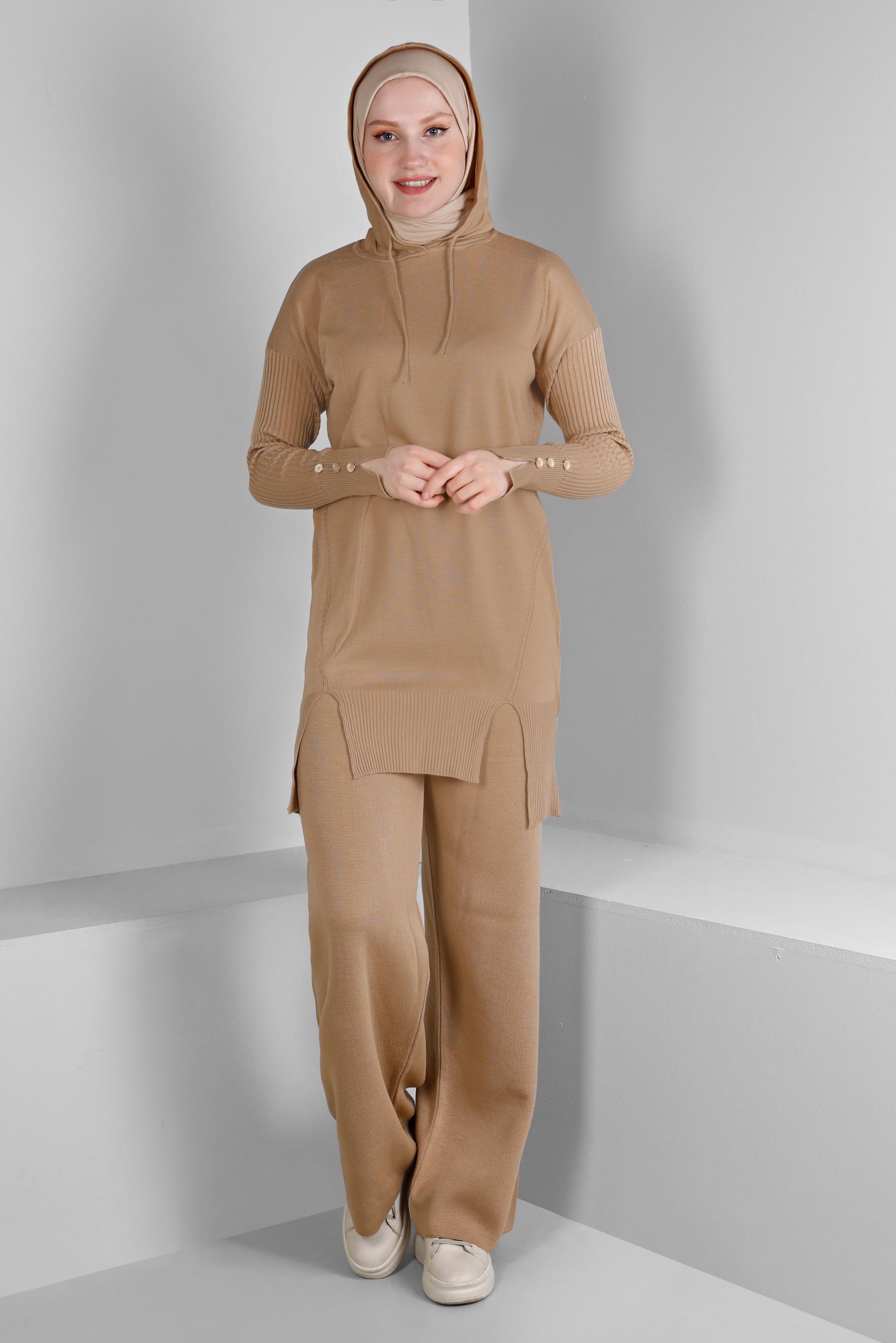 Vêtements hijab BRUN ENSEMBLE PANTALON 2 PIÈCES EN MAILLE AVEC DÉTAIL FENTE 43213