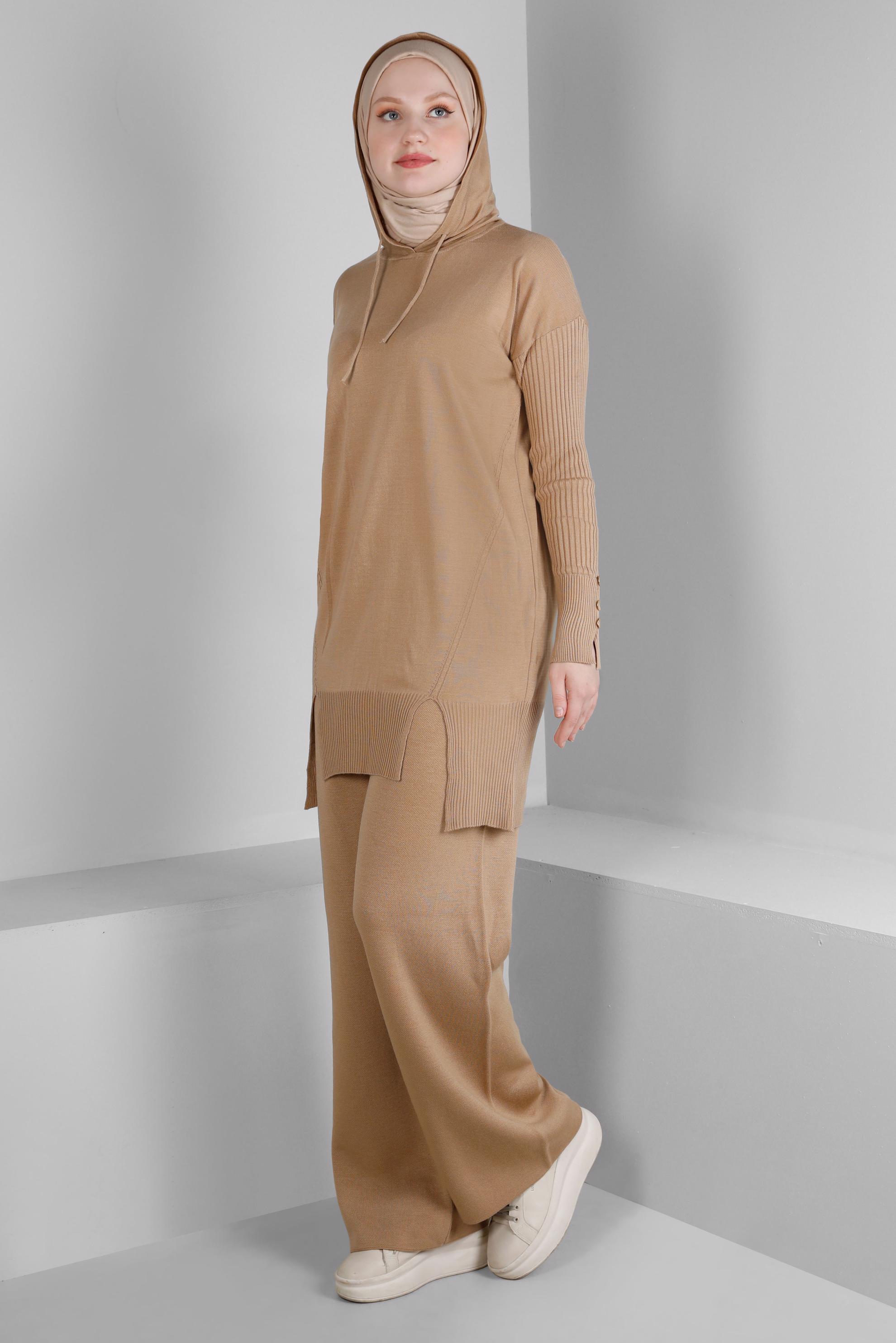 Vêtements hijab BRUN ENSEMBLE PANTALON 2 PIÈCES EN MAILLE AVEC DÉTAIL FENTE 43213