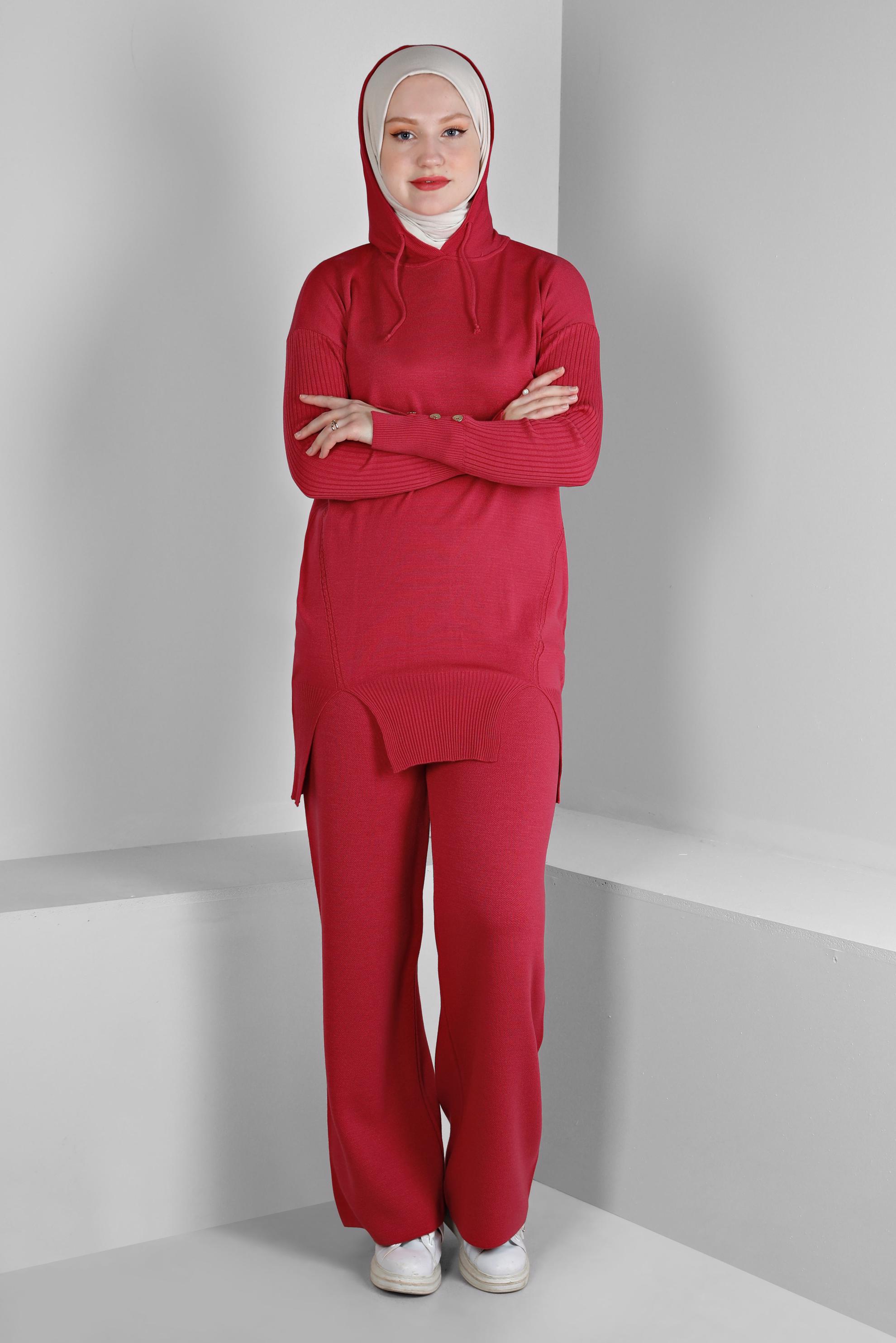 Tesettür giyim FUŞYA YIRTMAÇ DETAYLI İKİLİ PANT. TRİKO TAKIM 43213