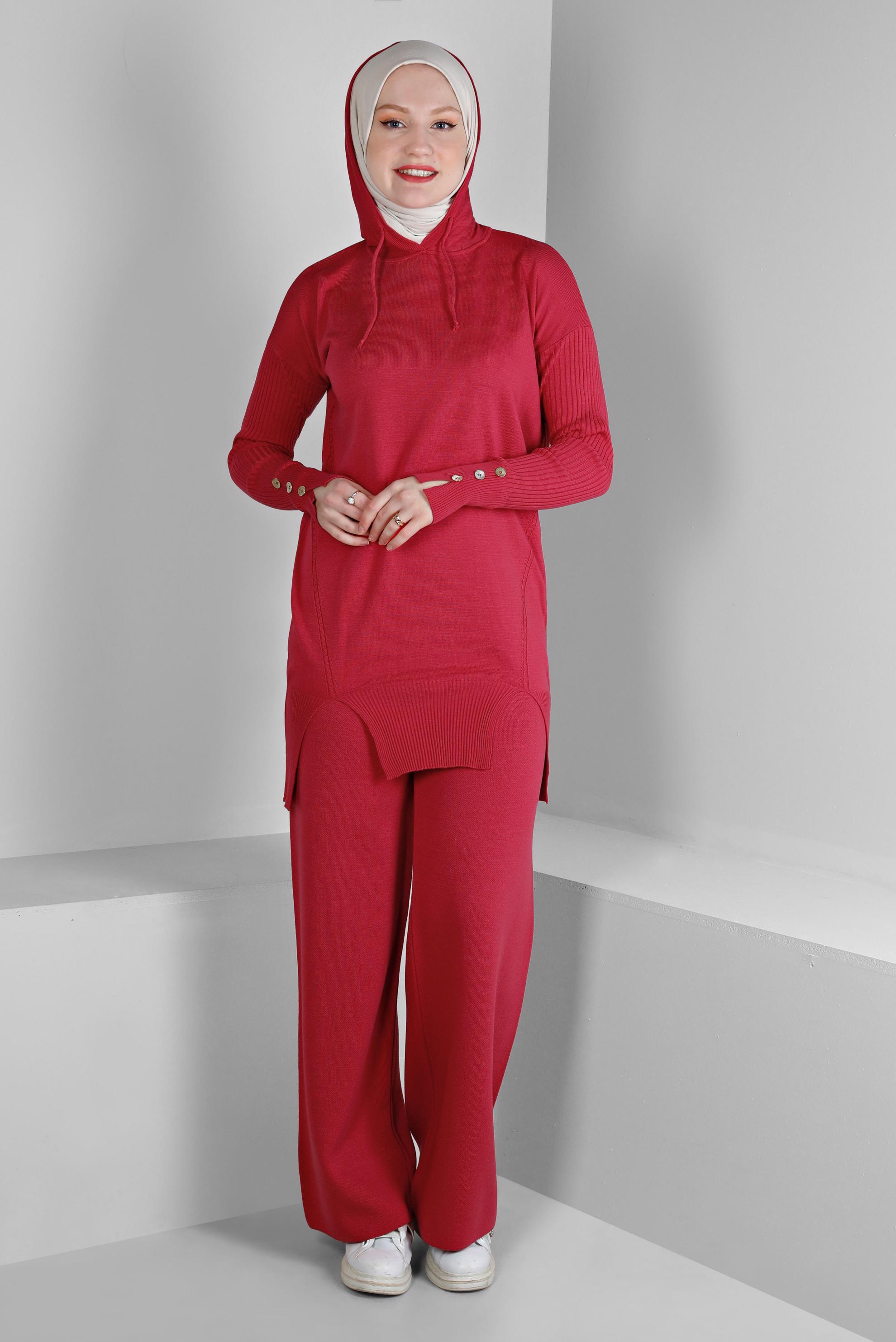 Tesettür giyim FUŞYA YIRTMAÇ DETAYLI İKİLİ PANT. TRİKO TAKIM 43213