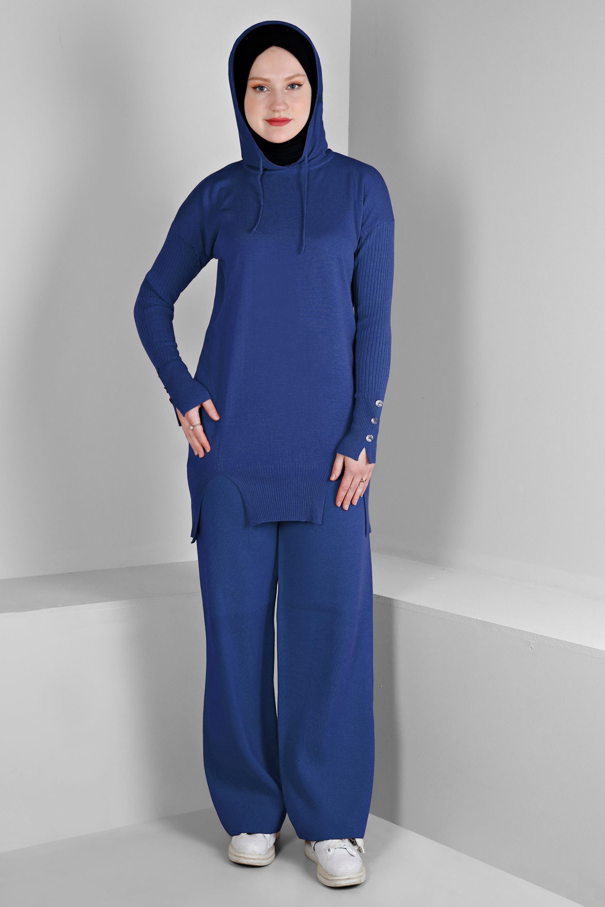 Tesettür giyim LACİVERT YIRTMAÇ DETAYLI İKİLİ PANT. TRİKO TAKIM 43213