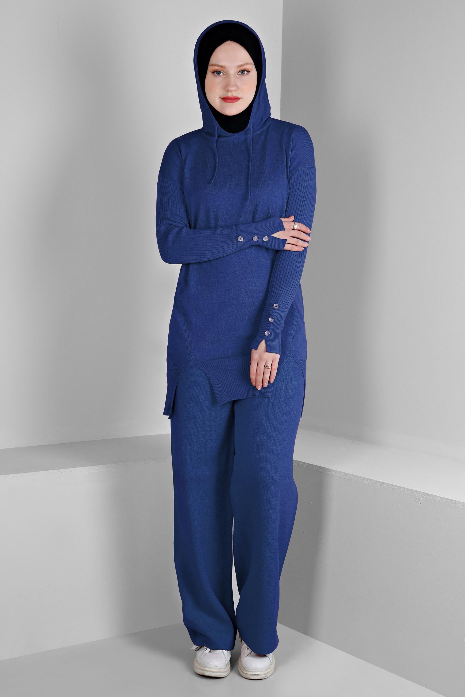 Tesettür giyim LACİVERT YIRTMAÇ DETAYLI İKİLİ PANT. TRİKO TAKIM 43213